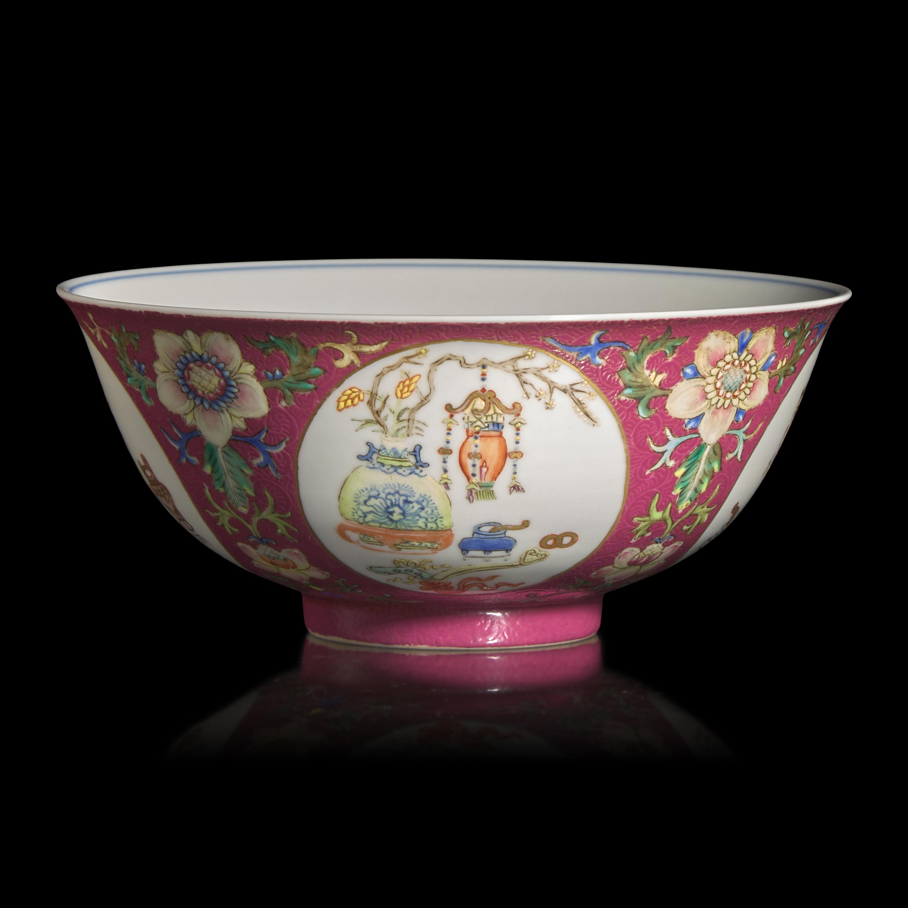 A Chinese Famille-Rose Ruby-Ground Sgraffito 'Medallion' Bowl, Daoguang Mark and of the Period
