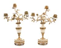 A Pair of French Gilt Bronze and Marble Two-Light Candelabra .