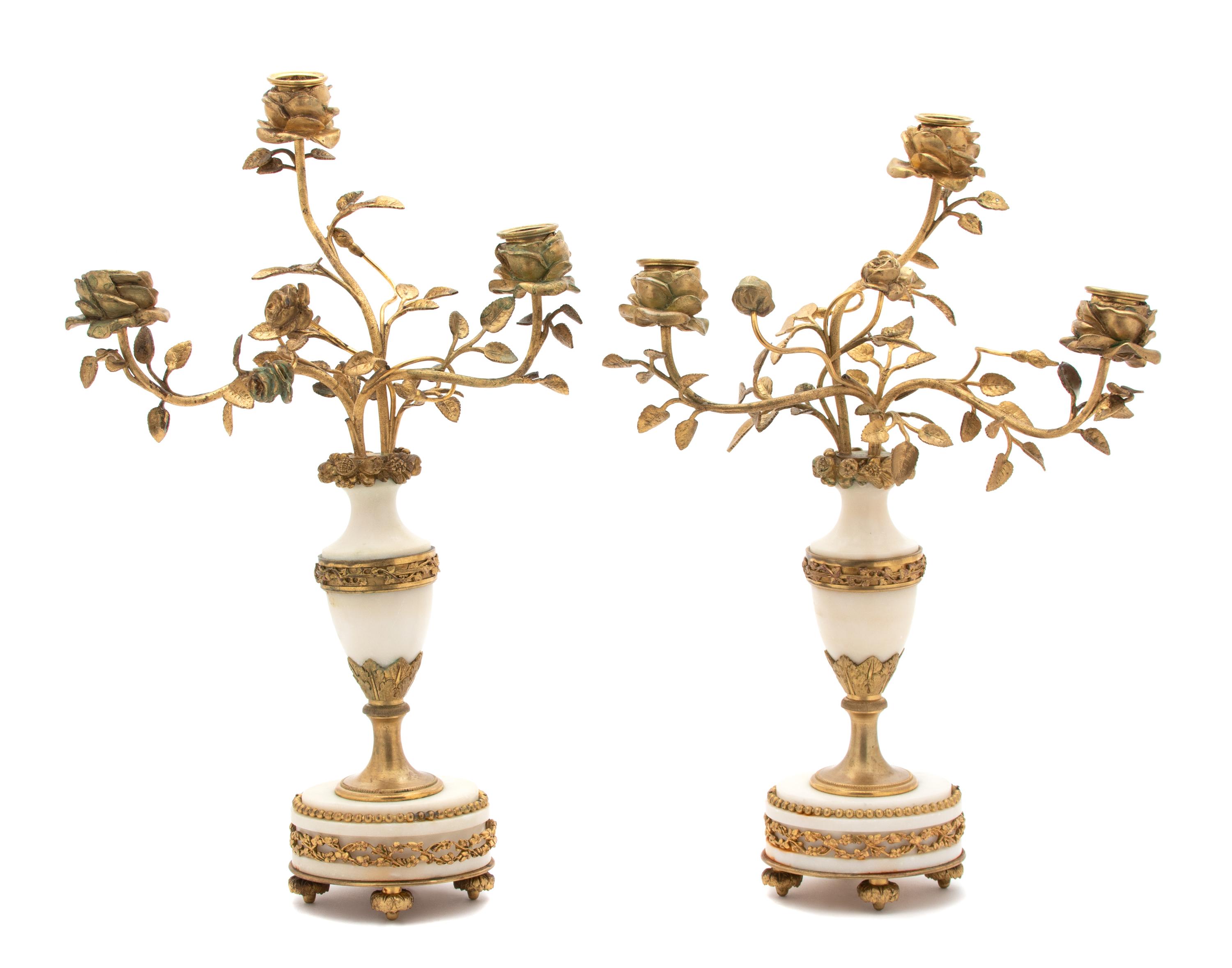 A Pair of French Gilt Bronze and Marble Two-Light Candelabra .