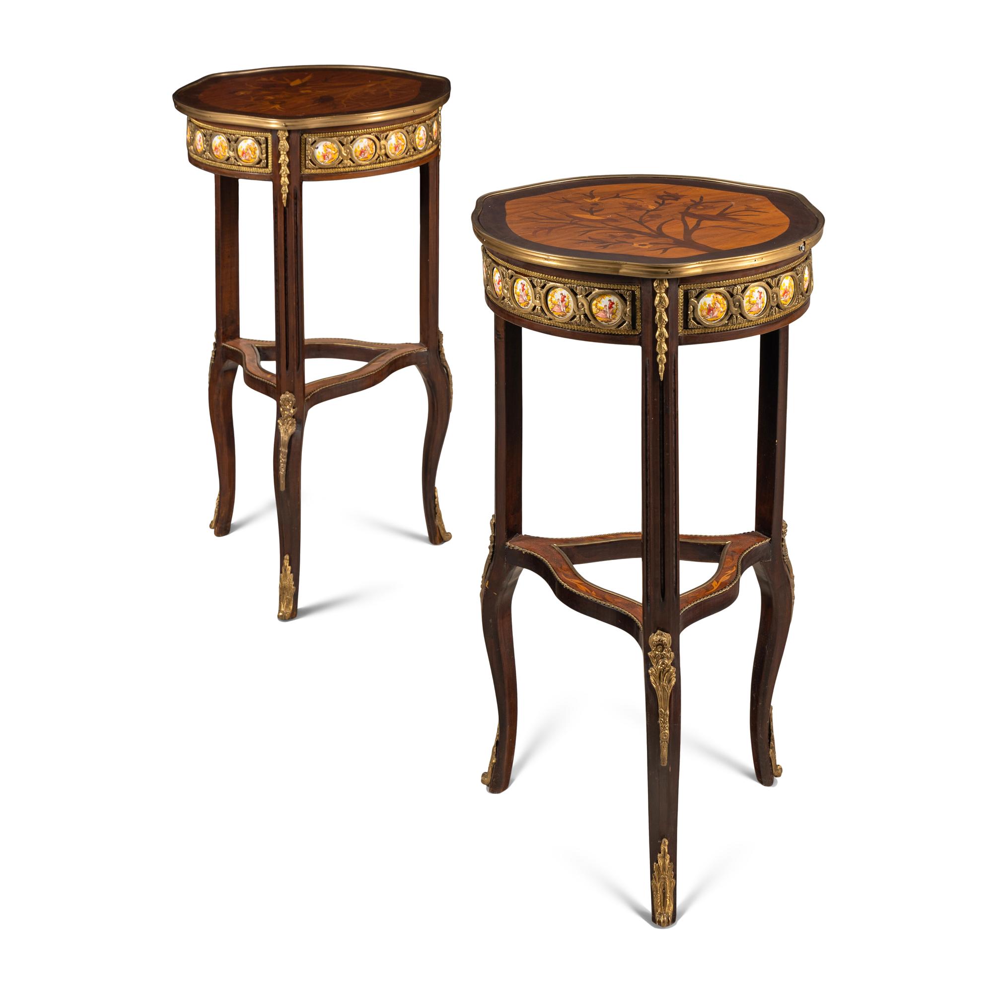 A Pair of Late Louis XV Style Marquetry, Gilt-Brass and Enamel Mounted Side Tables