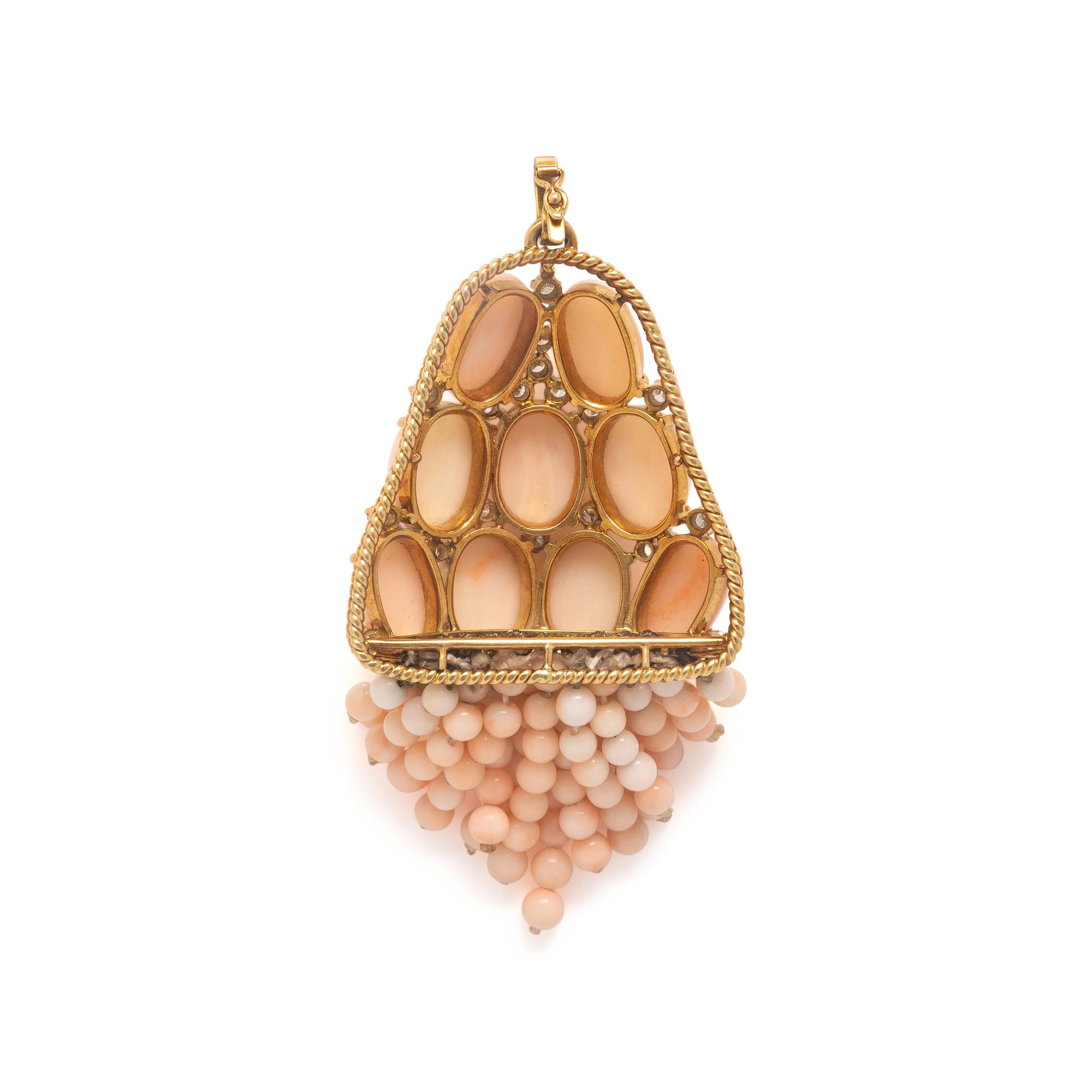 Coral, Diamond, and Yellow Gold Necklace