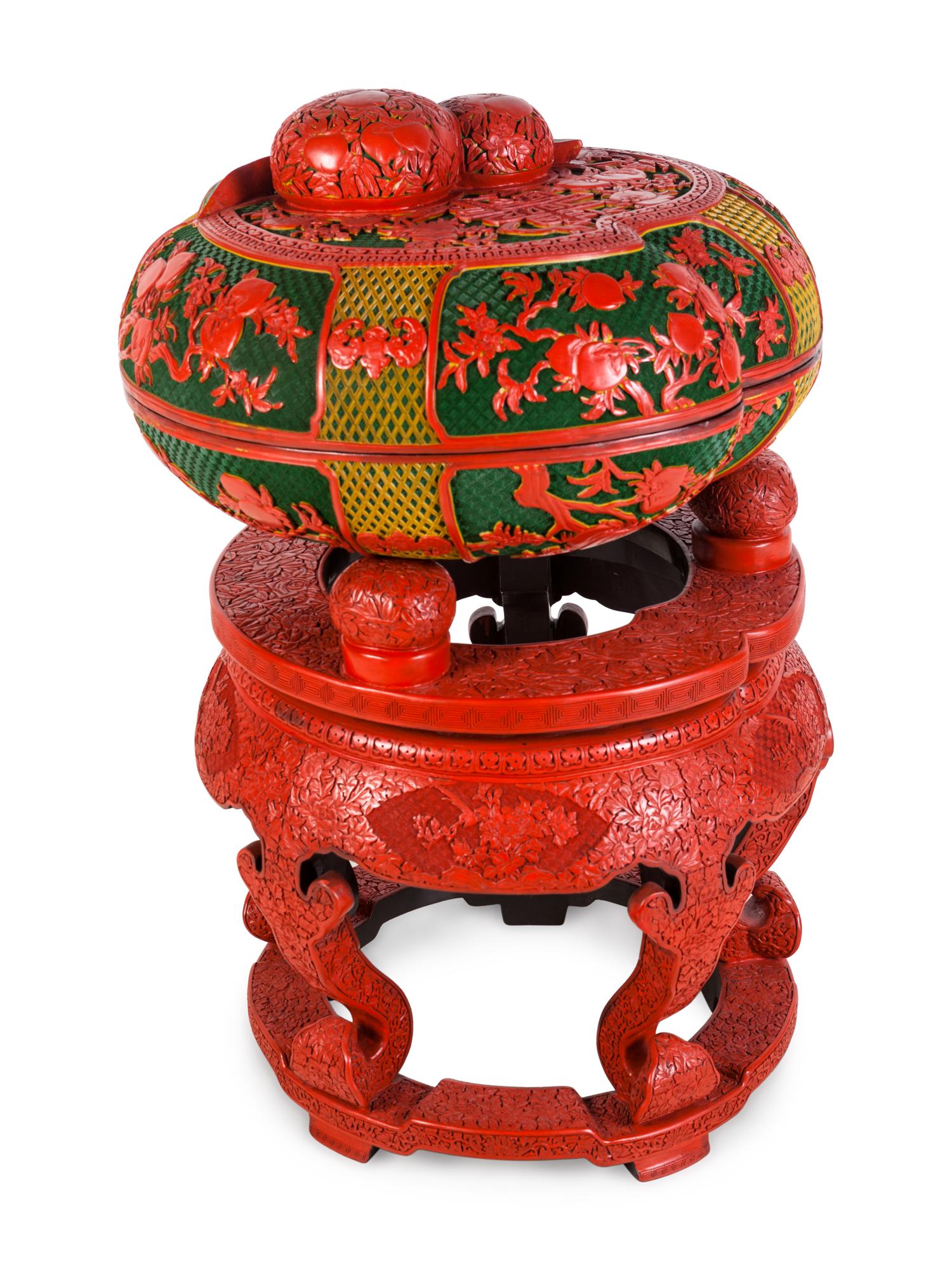 A Set of Chinese Export Carved Red Lacquer "Peach" Nesting Boxes and a Stand