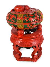 A Set of Chinese Export Carved Red Lacquer "Peach" Nesting Boxes and a Stand