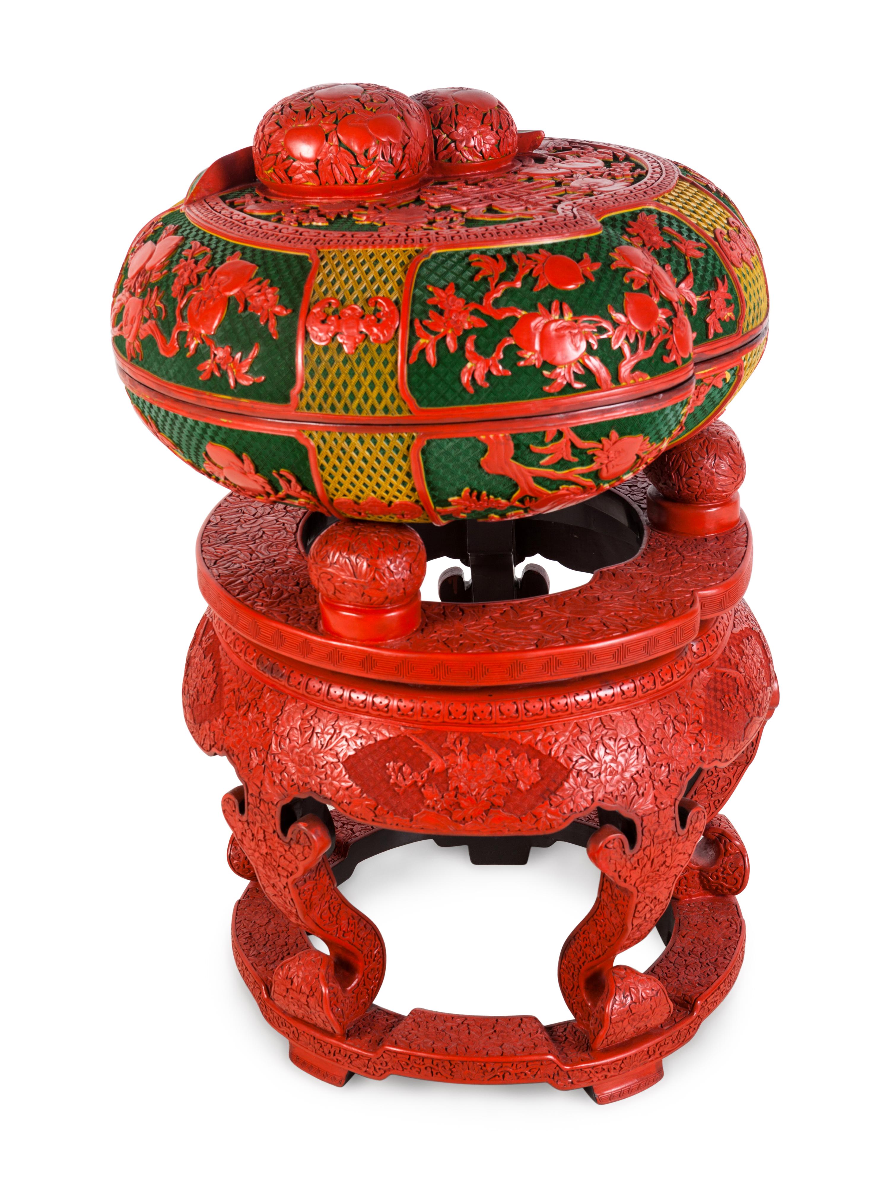 A Set of Chinese Export Carved Red Lacquer "Peach" Nesting Boxes and a Stand