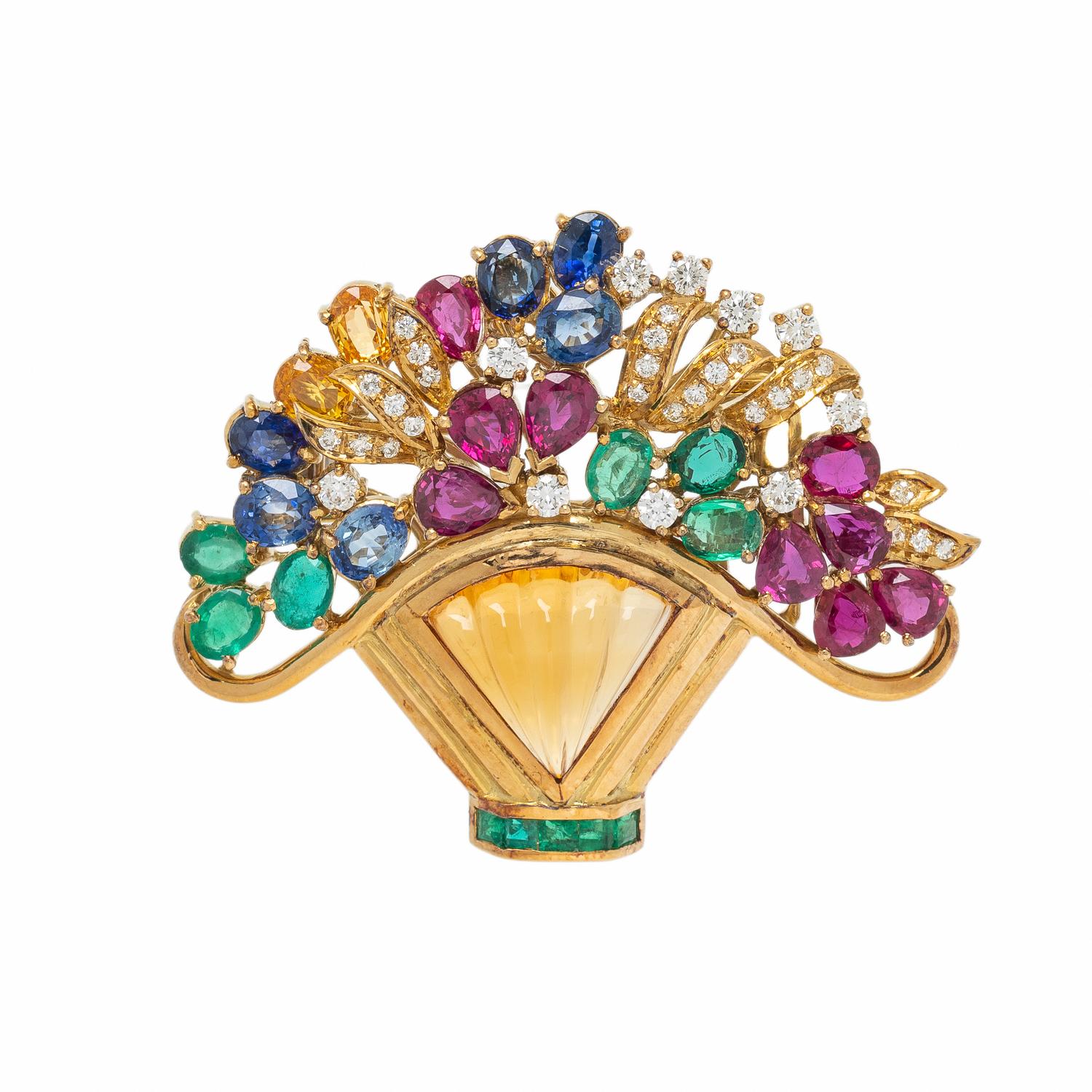 YELLOW GOLD AND MULTIGEM FLOWER BASKET PENDANT BROOCH