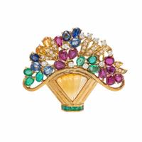 YELLOW GOLD AND MULTIGEM FLOWER BASKET PENDANT BROOCH