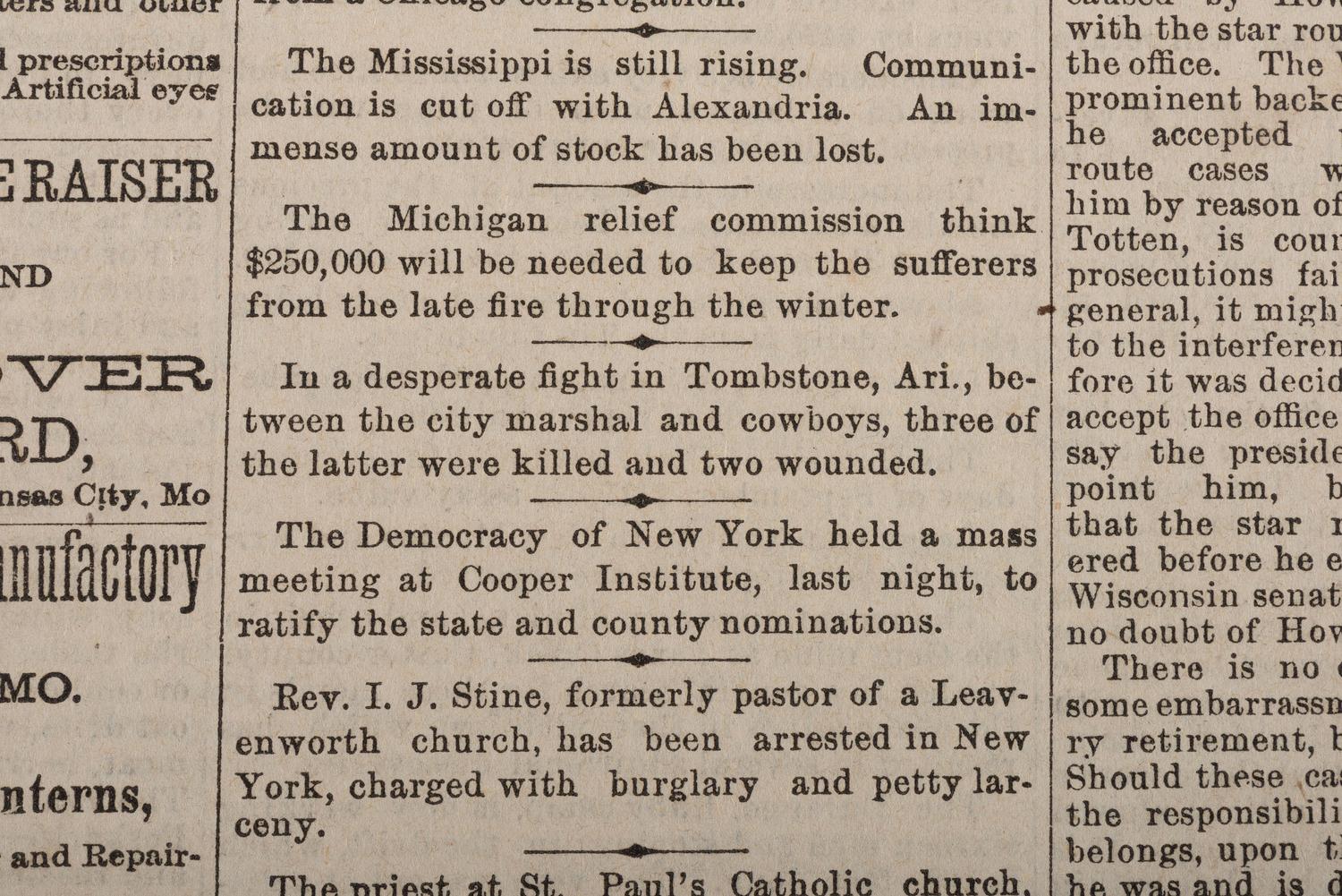 [OUTLAWS & LAWMEN]. Kansas City Daily Journal . Vol. XXIV, No. 118. Kansas City: 28 October 1881. Front page coverage of the Gunfight at the OK Corral.