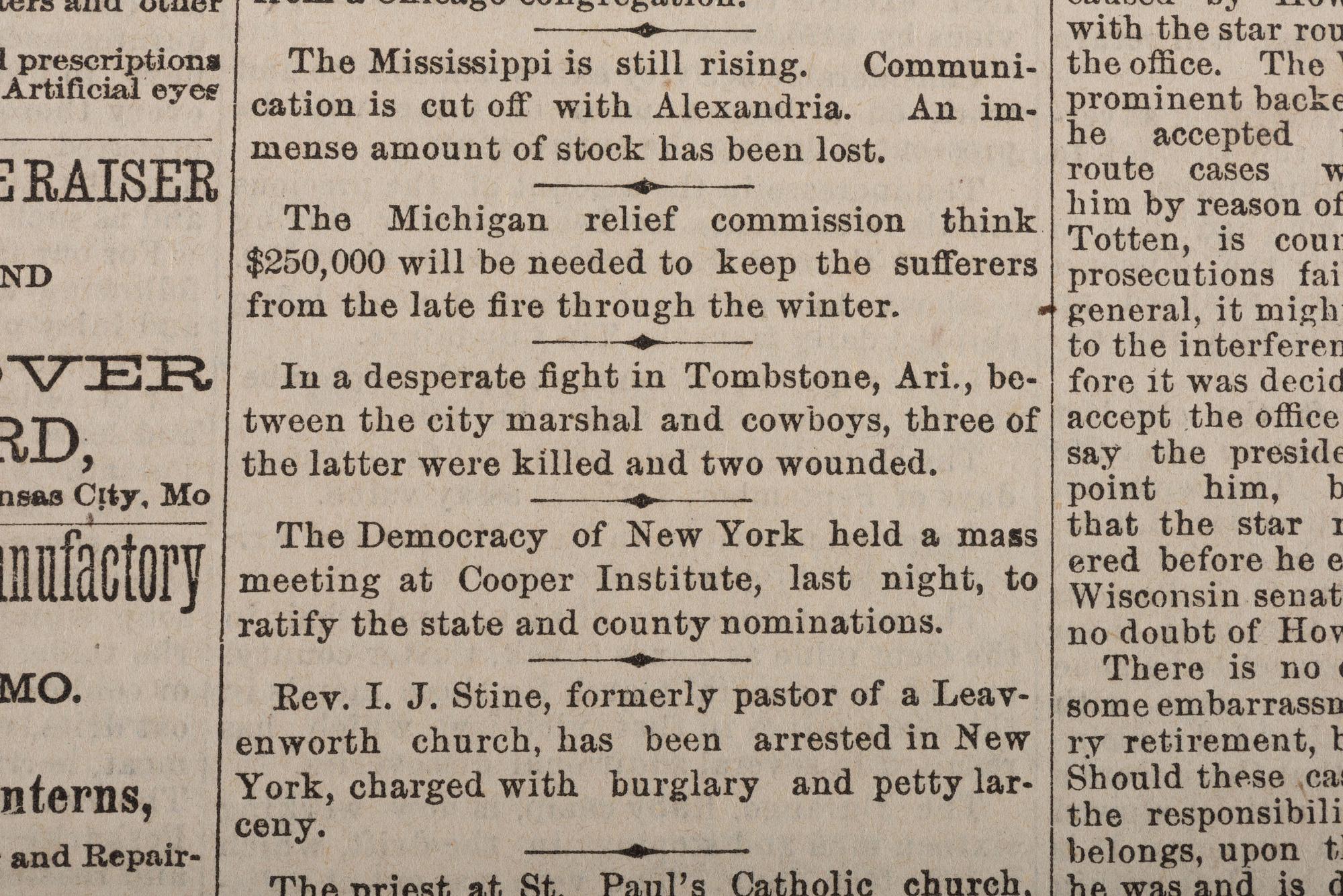 [OUTLAWS & LAWMEN]. Kansas City Daily Journal . Vol. XXIV, No. 118. Kansas City: 28 October 1881. Front page coverage of the Gunfight at the OK Corral.