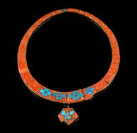 A Chinese Silver Gilt, Coral and Kingfisher Feather Court Necklace LATE 19TH/EARLY 20TH CENTURY Diameter 6 1/2 inches. — LATE 19TH/EARLY 20TH CENTURY