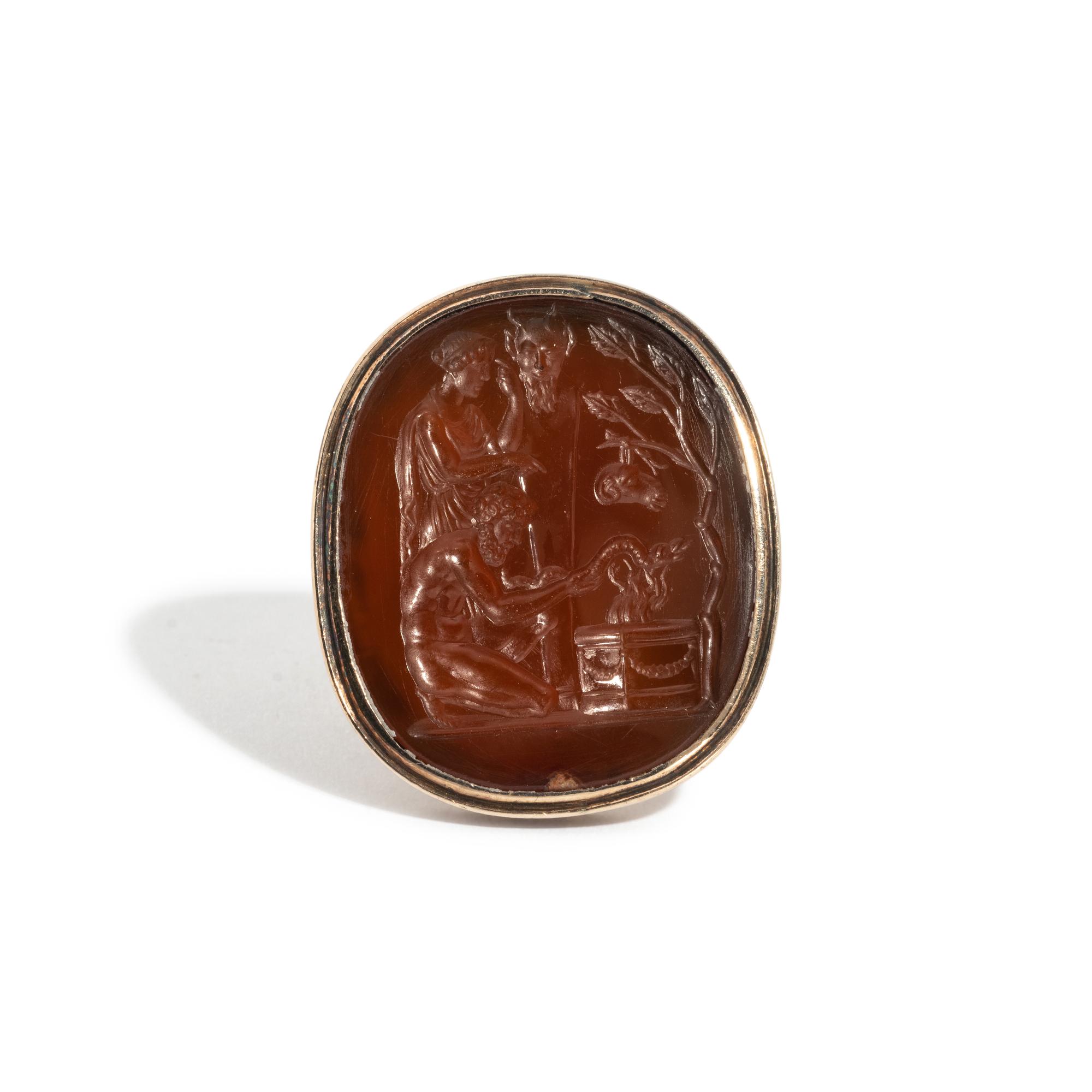 A Neoclassical Carnelian and Gold Finger Ring with a Mythological Scene