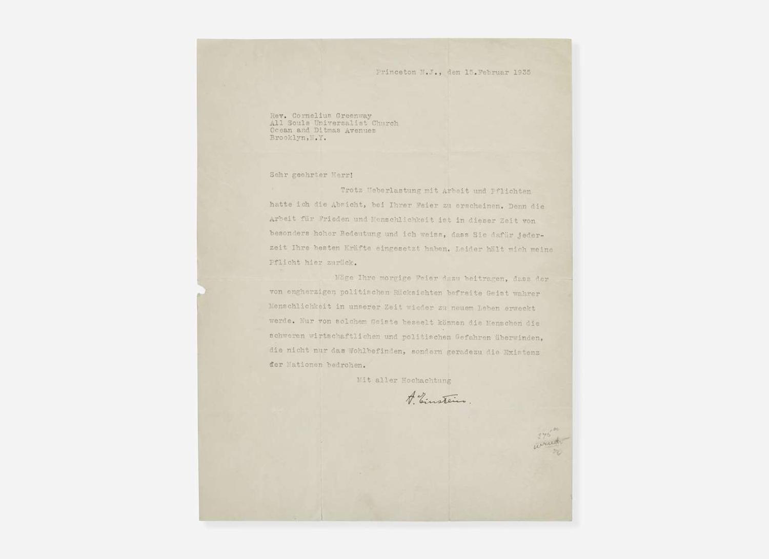[Science, Medicine & Mathematics] Einstein, Albert: Typed Letter, signed