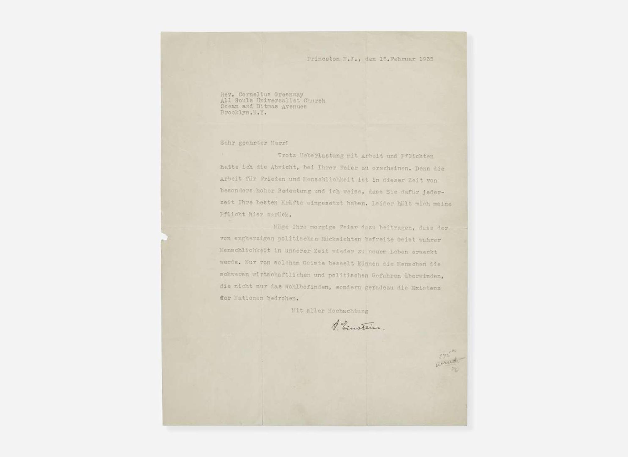[Science, Medicine & Mathematics] Einstein, Albert: Typed Letter, signed