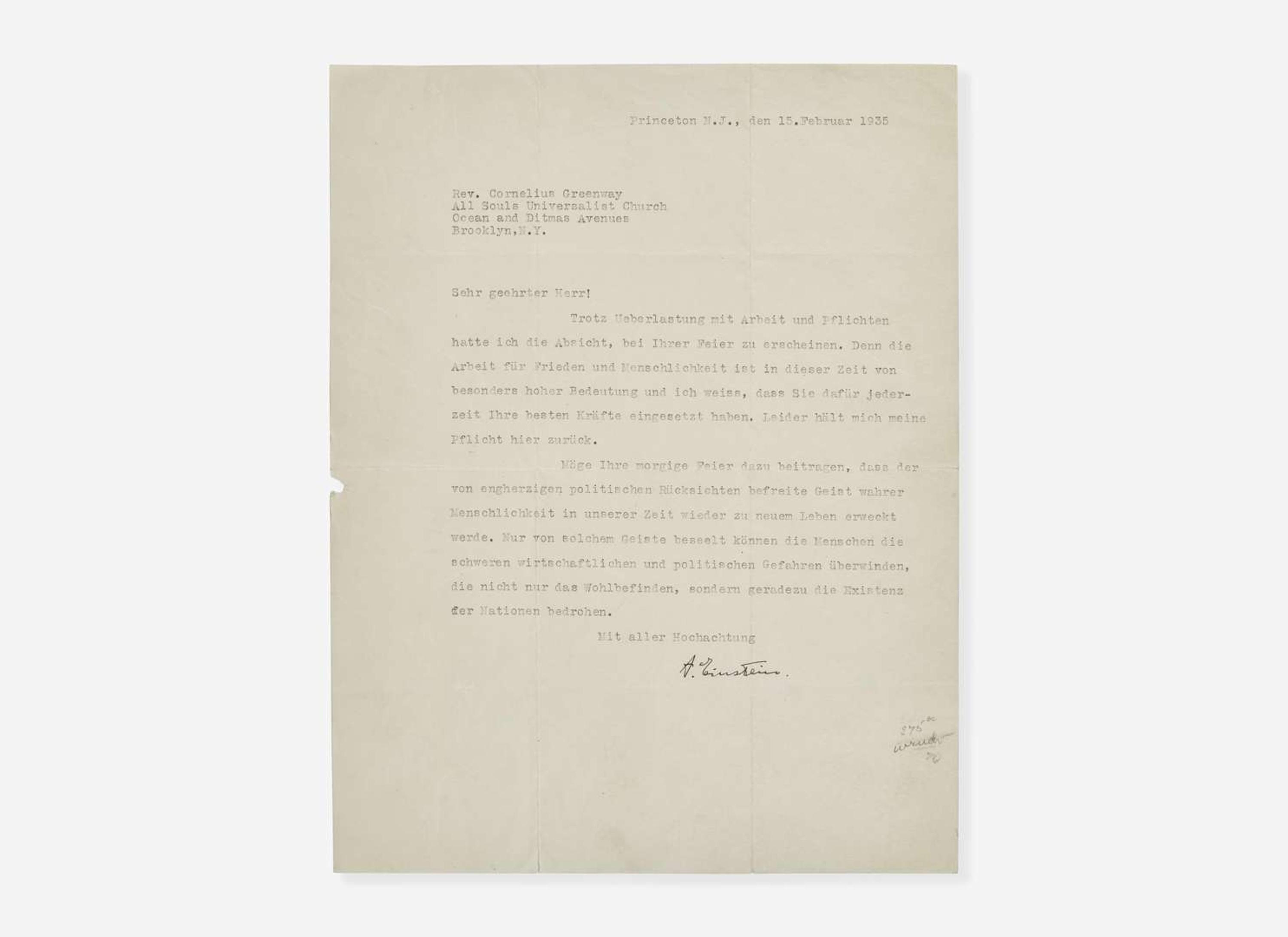 [Science, Medicine & Mathematics] Einstein, Albert: Typed Letter, signed