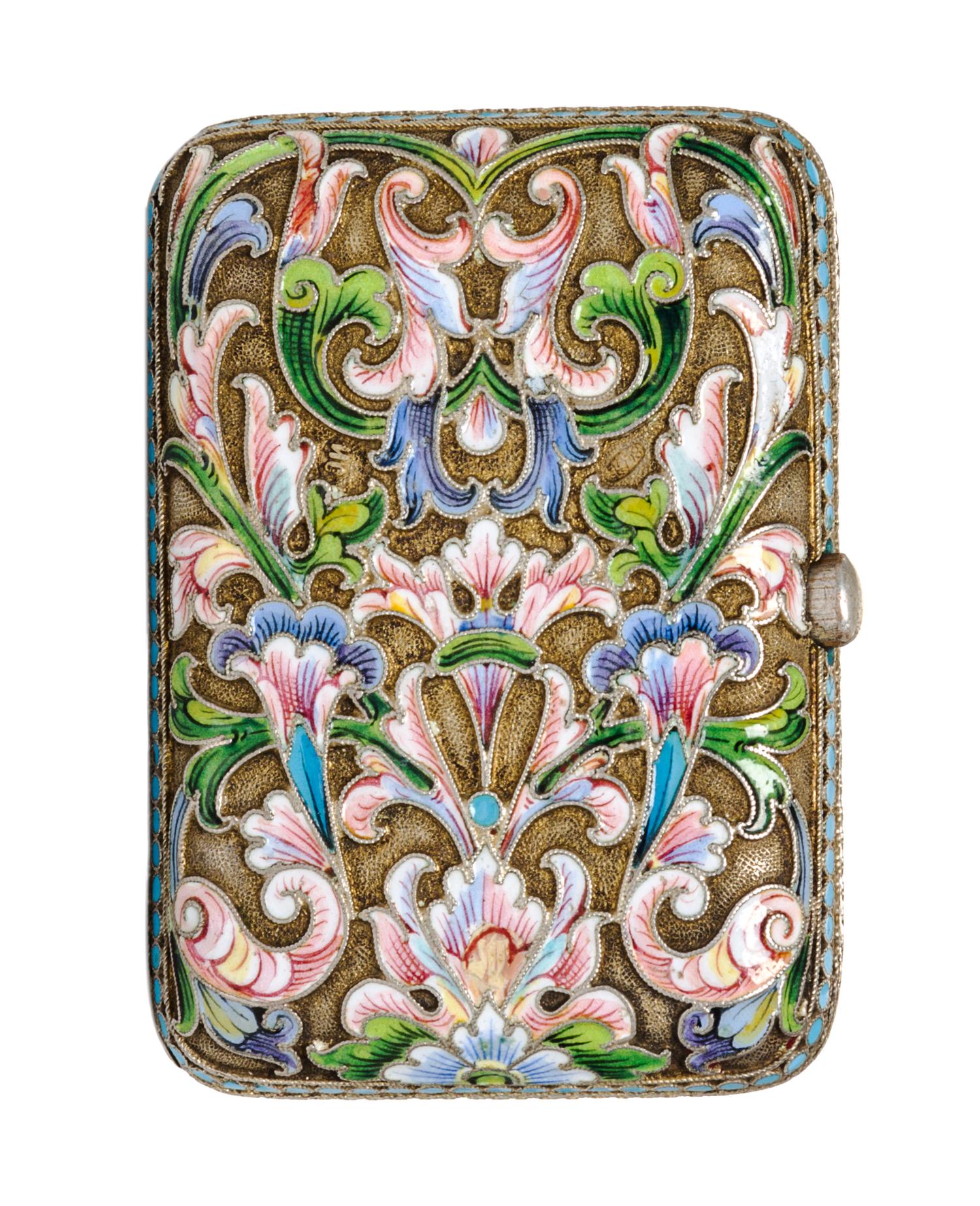 A Russiam Enameled Silver Cigarette Case, Possibly Sazikov, 1896-1908, of rectangular form with stylized foliate decoration.