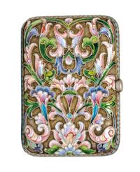 A Russiam Enameled Silver Cigarette Case, Possibly Sazikov, 1896-1908, of rectangular form with stylized foliate decoration.