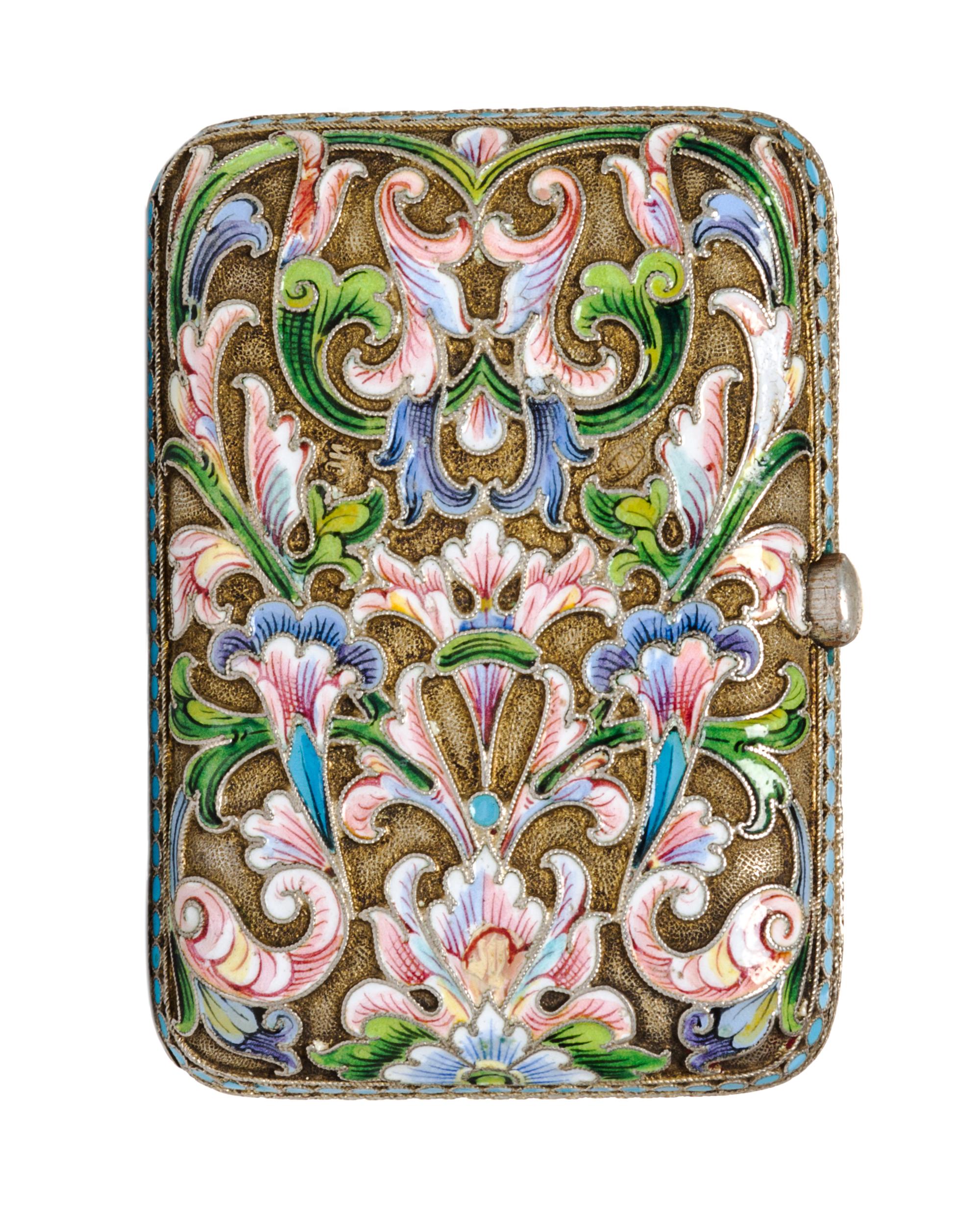 A Russiam Enameled Silver Cigarette Case, Possibly Sazikov, 1896-1908, of rectangular form with stylized foliate decoration.