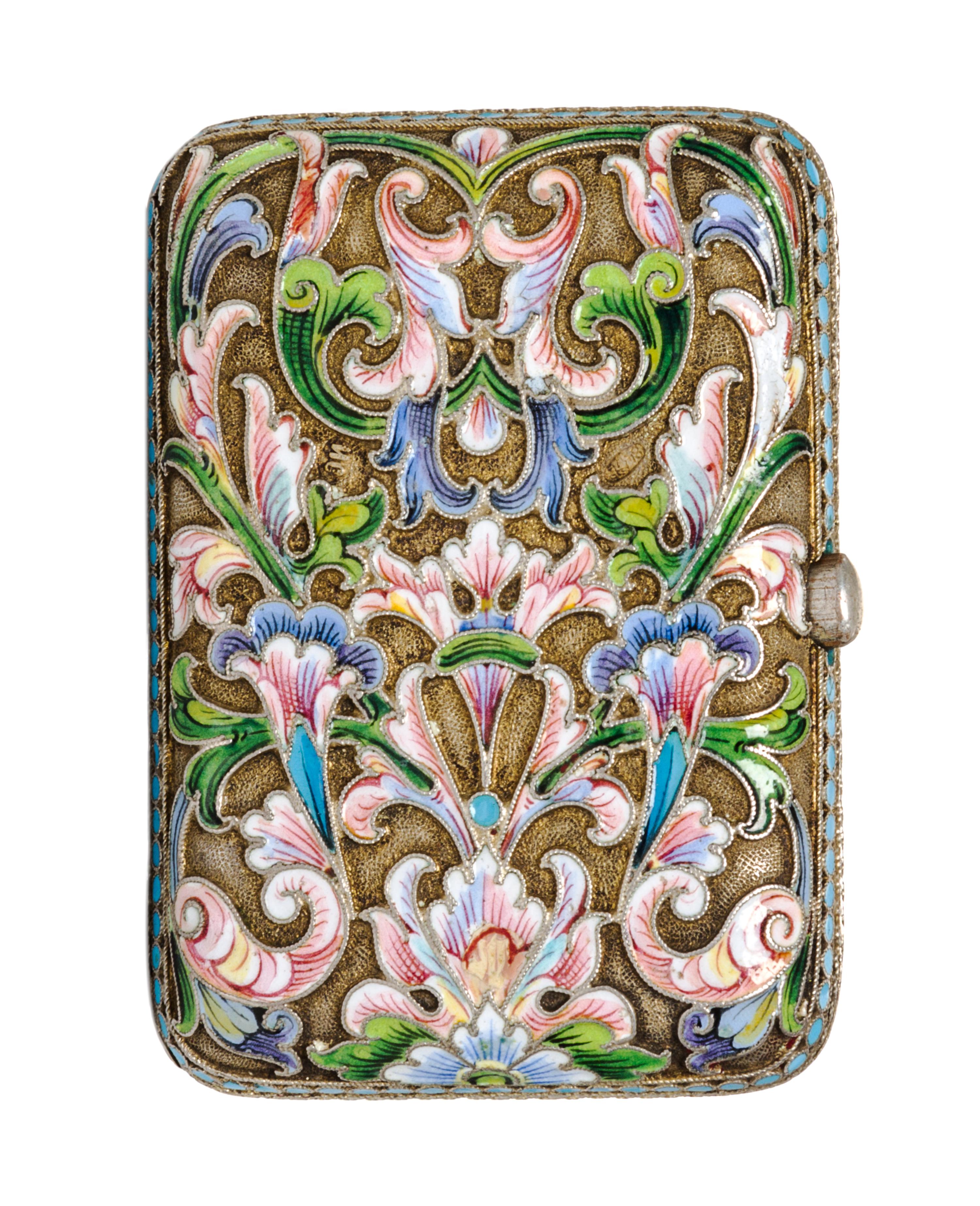 A Russiam Enameled Silver Cigarette Case, Possibly Sazikov, 1896-1908, of rectangular form with stylized foliate decoration.