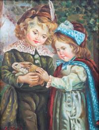J. Morris, (British, 20th century), A Victorian Boy and Girl Holding a Rabbit