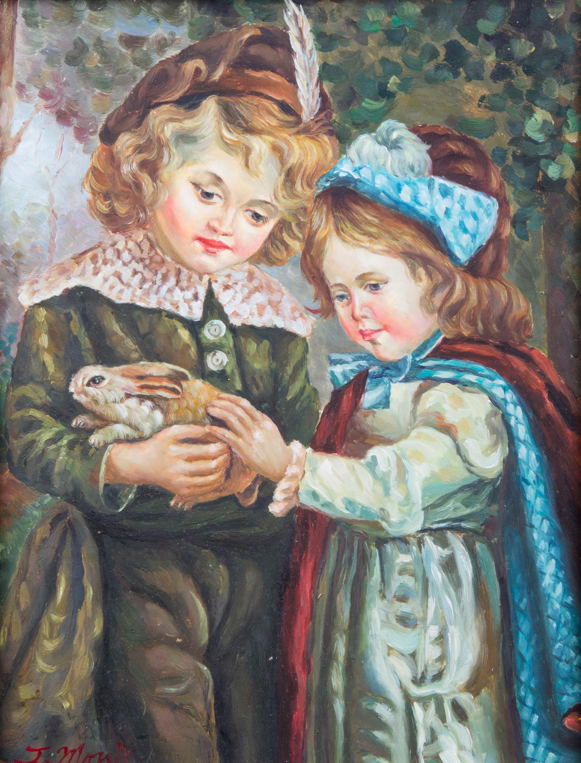 J. Morris, (British, 20th century), A Victorian Boy and Girl Holding a Rabbit