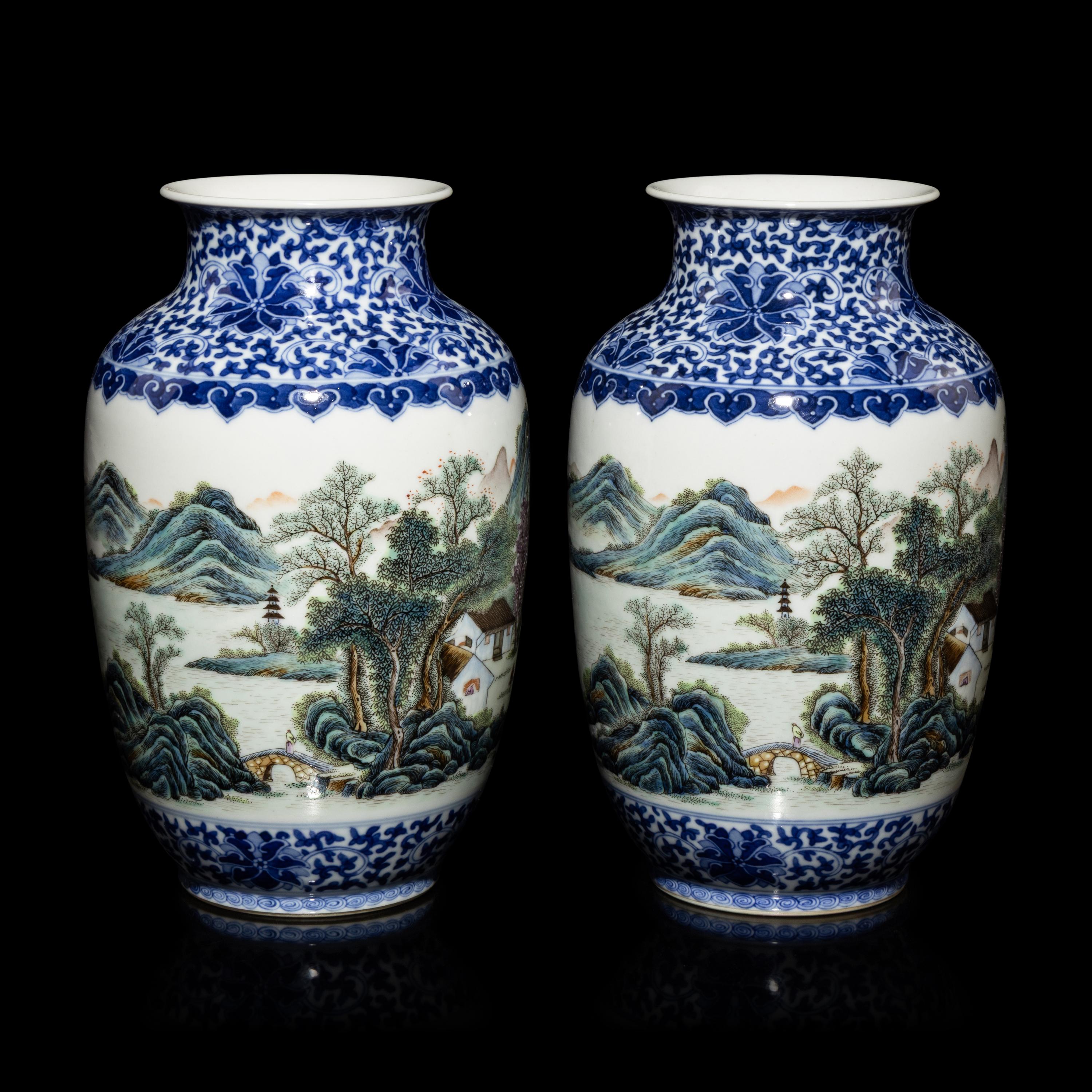 A Pair of Chinese Underglazed Blue and Famille Rose Porcelain 'Landscape' Vases, 20th Century — 近代 青花粉彩山水圖瓶一對