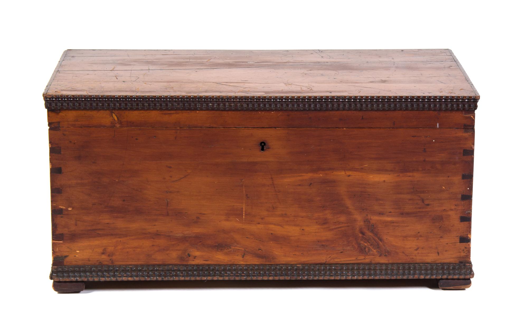 An American Pine Blanket Chest Height 14 1/2 x width 30 1/4 x depth 16 1/2 inches.