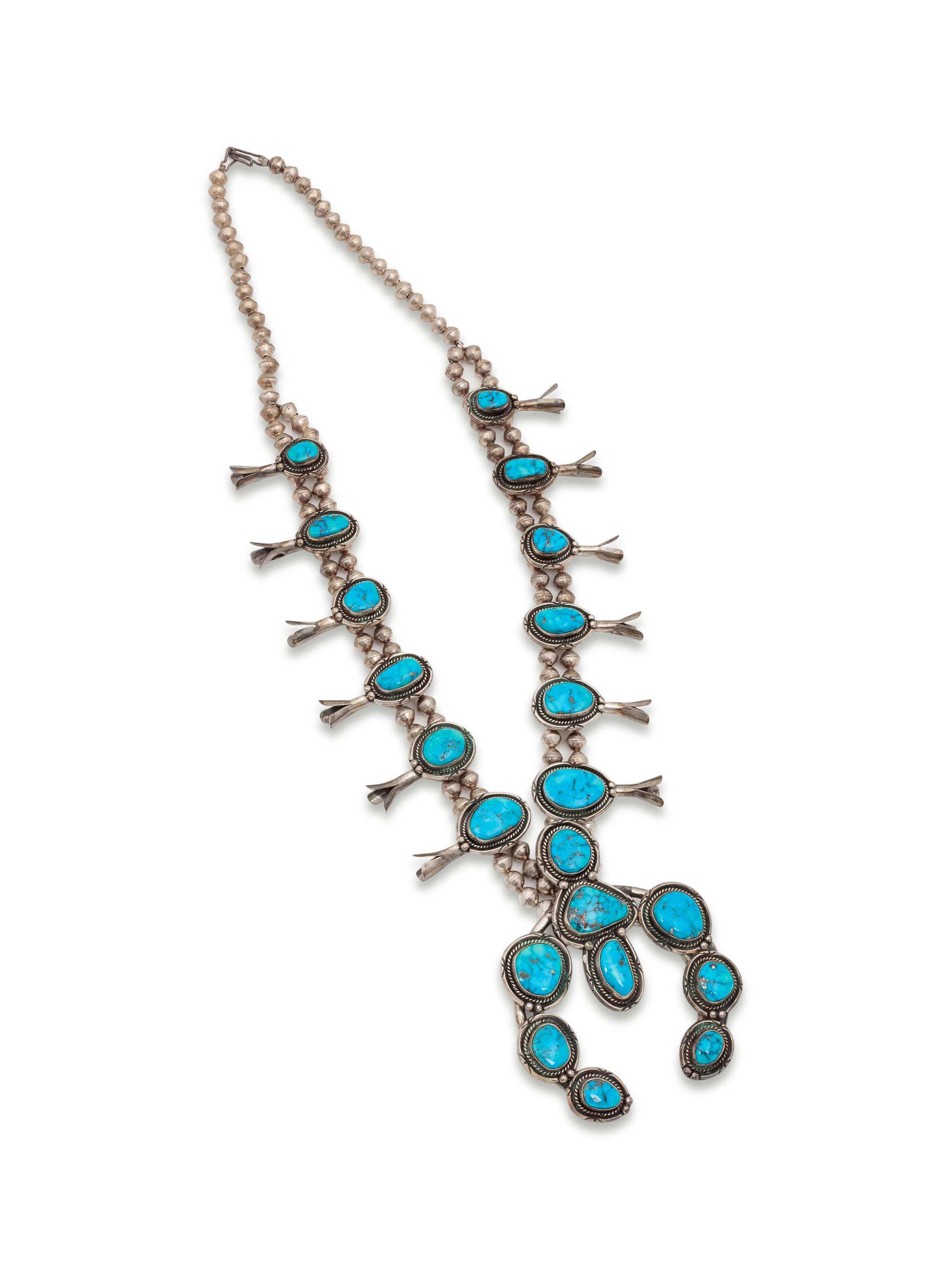 Navajo Silver and Turquoise Squash Blossom Necklace