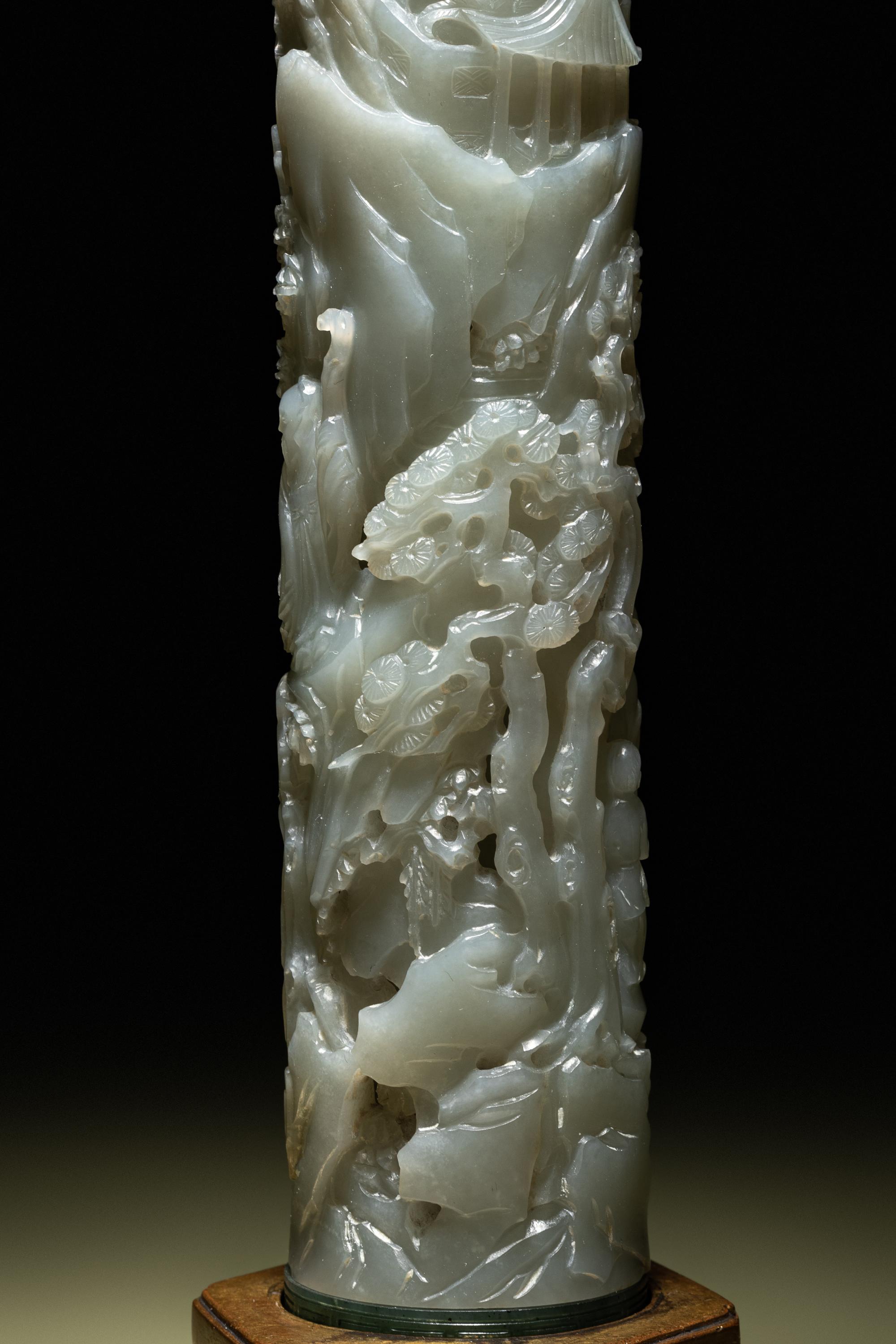 A Pair of Carved Celadon Jade Cylindrical Parfumiers