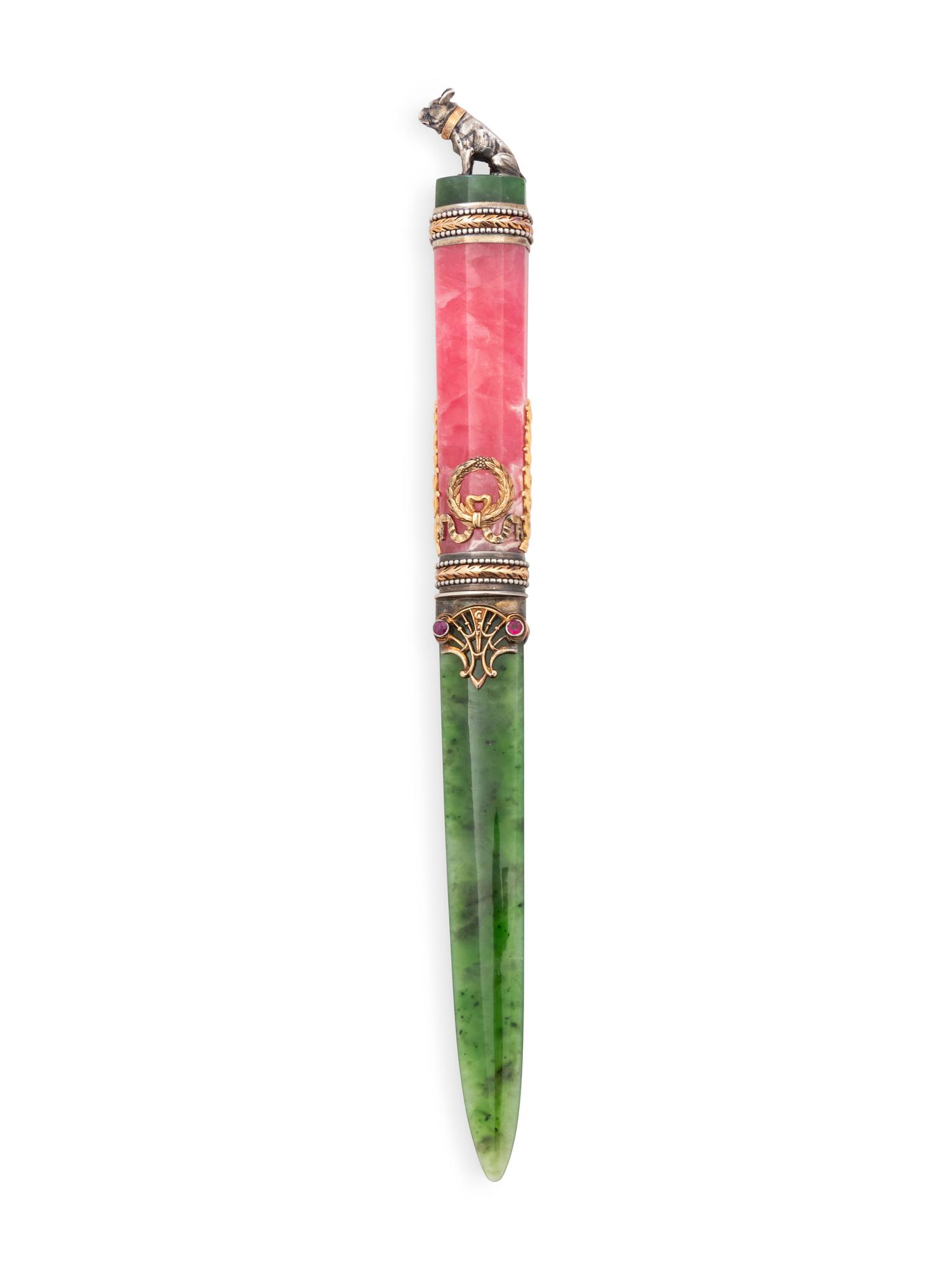 A Russian Gold and Gemstone Mounted Hardstone Letter Opener