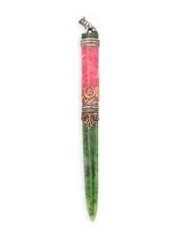 A Russian Gold and Gemstone Mounted Hardstone Letter Opener