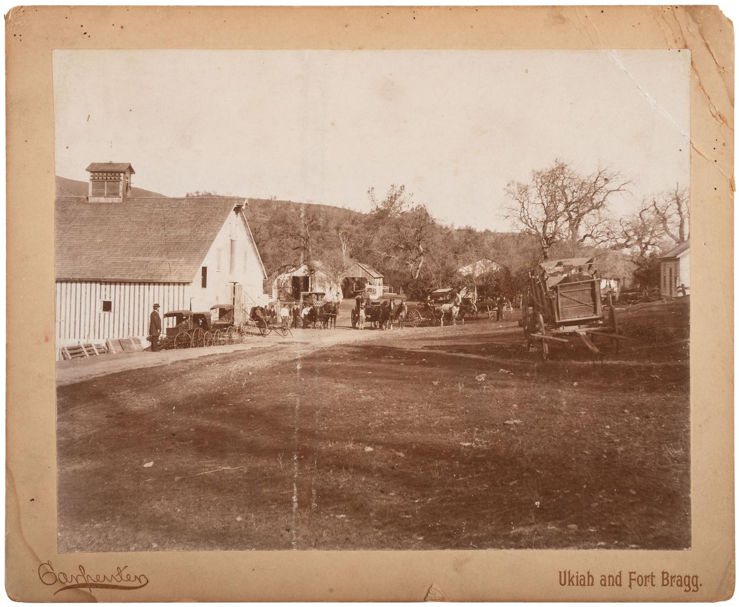[CALIFORNIA]. CARPENTER, Aurielus O. Large format scene of wagons and stage. Ukiah and Fort Bragg, [ca 1875].