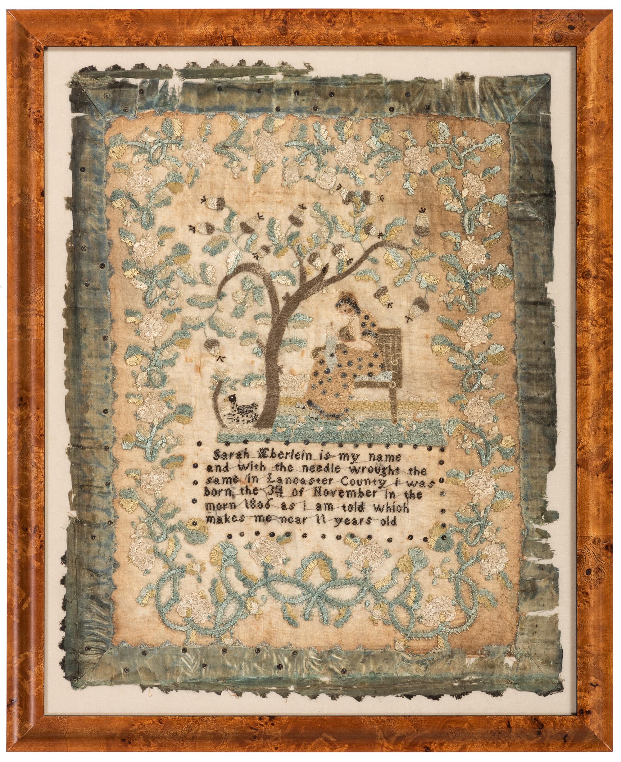 A Lancaster County Needlework Sampler, Likely from the School of Leah Bratten Galligher Meguier