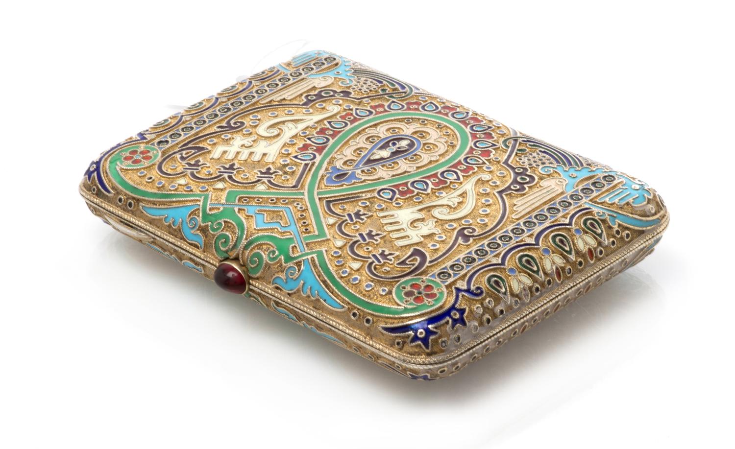 A Russian Silver-Gilt and Enamel Cigarette Case, Mark of 11th Artel, Moscow, Early 20th Century, the case having a gilt wash ground and