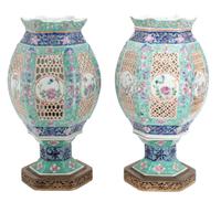 A Pair of Chinese Famille Rose Porcelain Reticulated Lanterns Height of each 12 1/2 inches. — EARLY 20TH CENTURY
