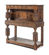A Jacobean Style Oak and Marquetry Court Cupboard