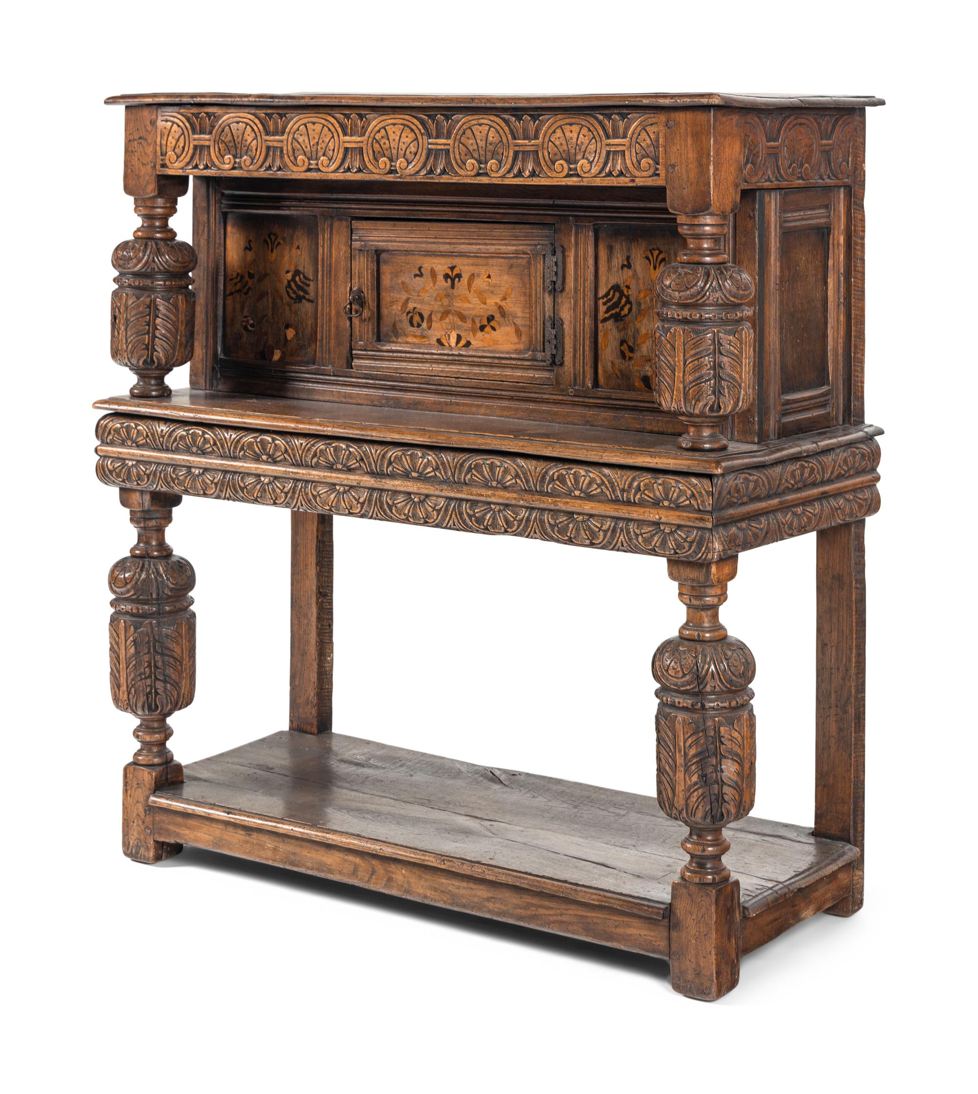 A Jacobean Style Oak and Marquetry Court Cupboard
