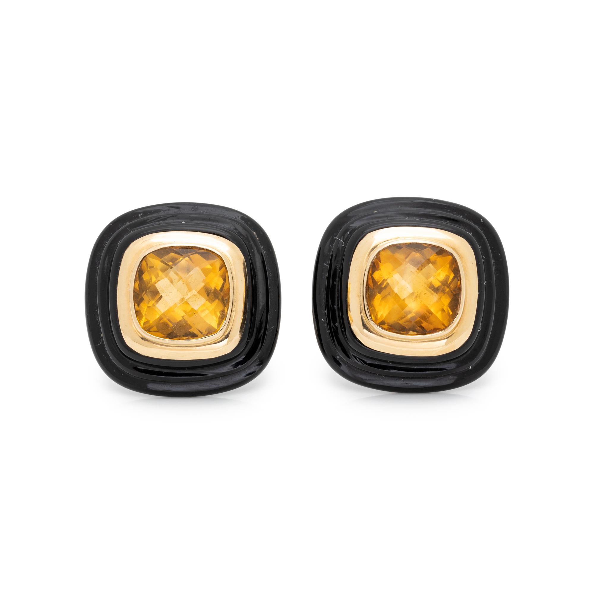 YELLOW GOLD, CITRINE AND ONYX EARCLIPS