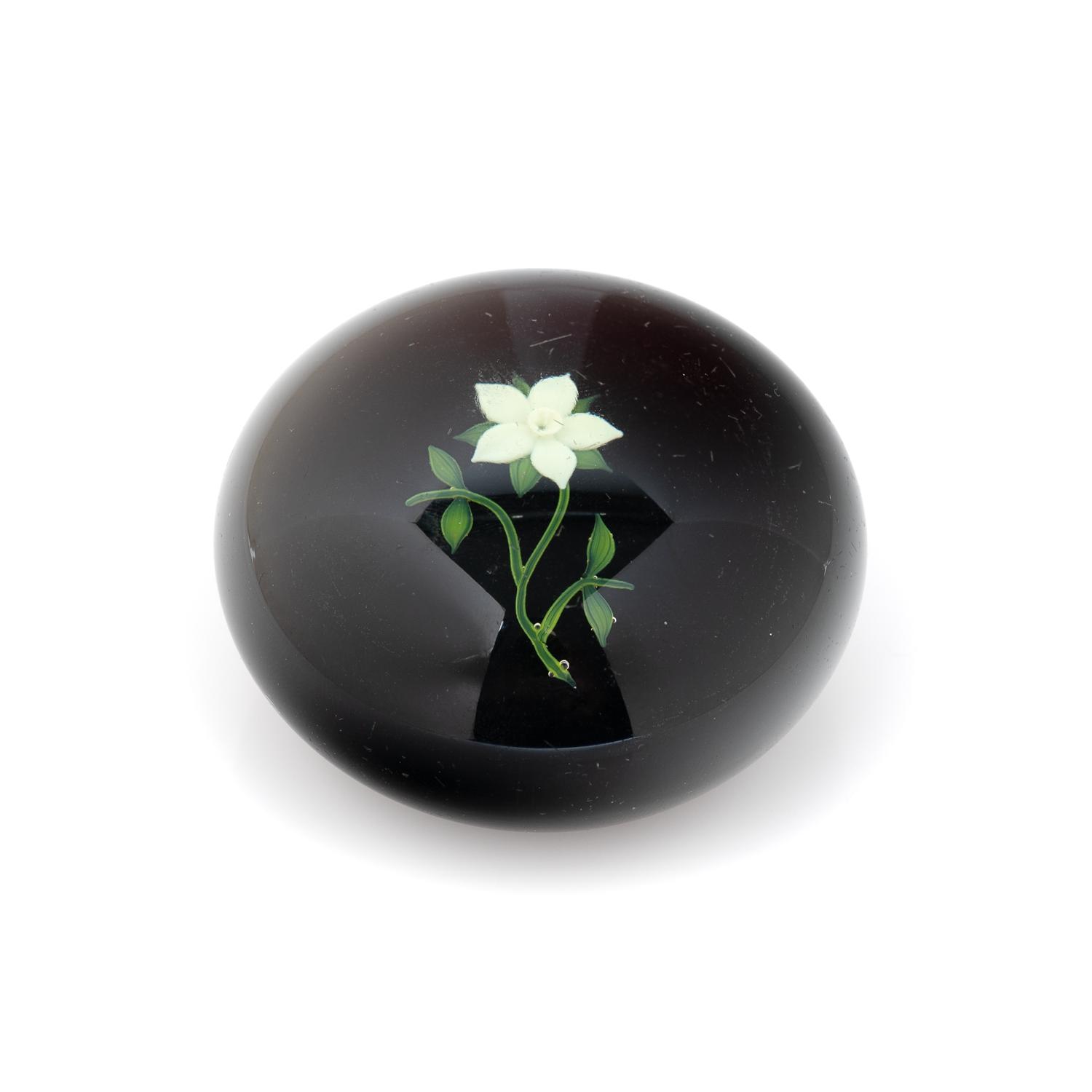 A Paul Stankard Yellow Flower on Amethyst Ground Glass Paperweight