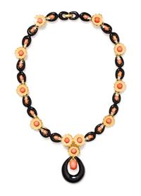 A Jomaz Black and Tan Enamel & Faux Coral Pendant Necklace.