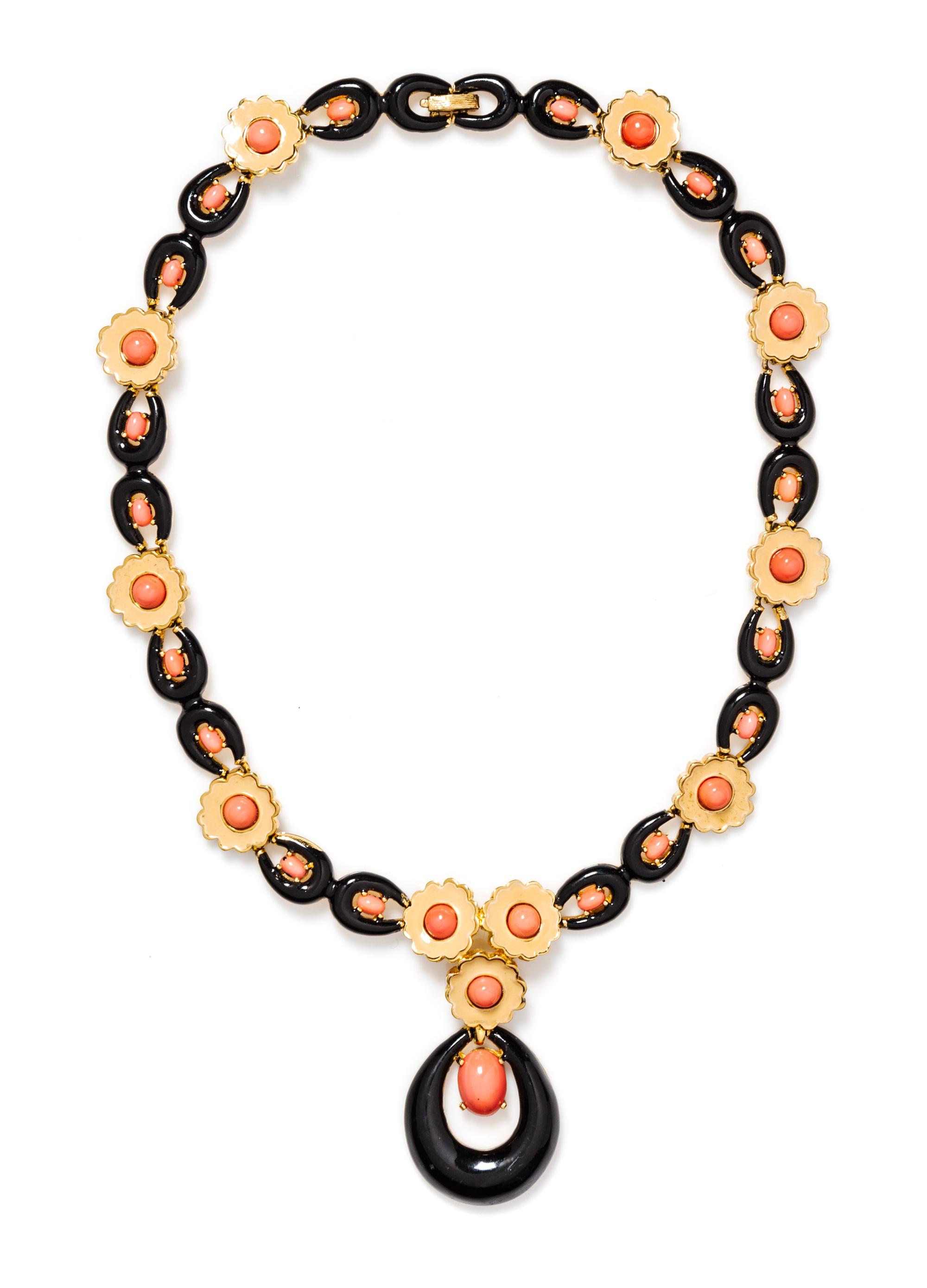 A Jomaz Black and Tan Enamel & Faux Coral Pendant Necklace.