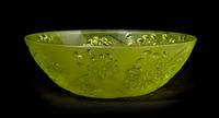 A Lalique Molded and Frosted Chartreuse Glass Bowl, Diameter 9 3/8 inches.
