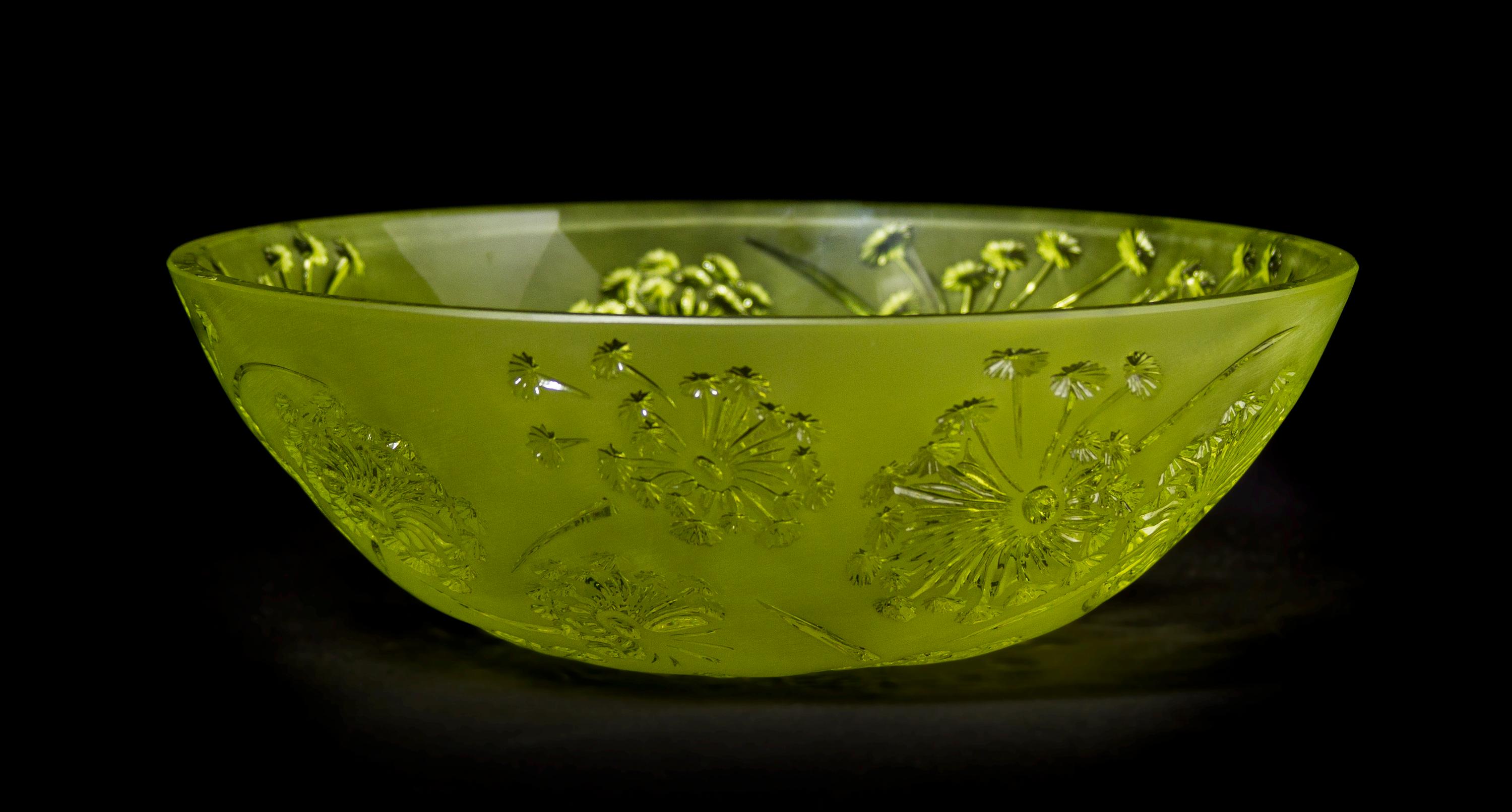 A Lalique Molded and Frosted Chartreuse Glass Bowl, Diameter 9 3/8 inches.