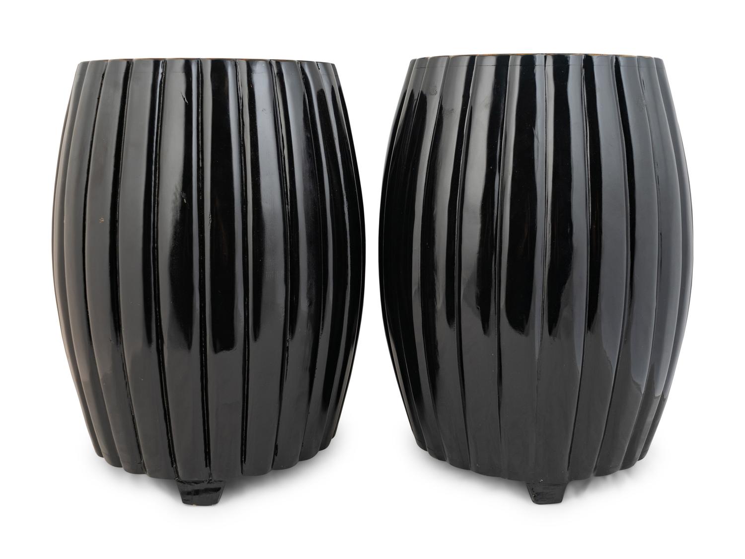 A Pair of Japanese Black Lacquered Melon-Form Garden Stools — 20TH CENTURY