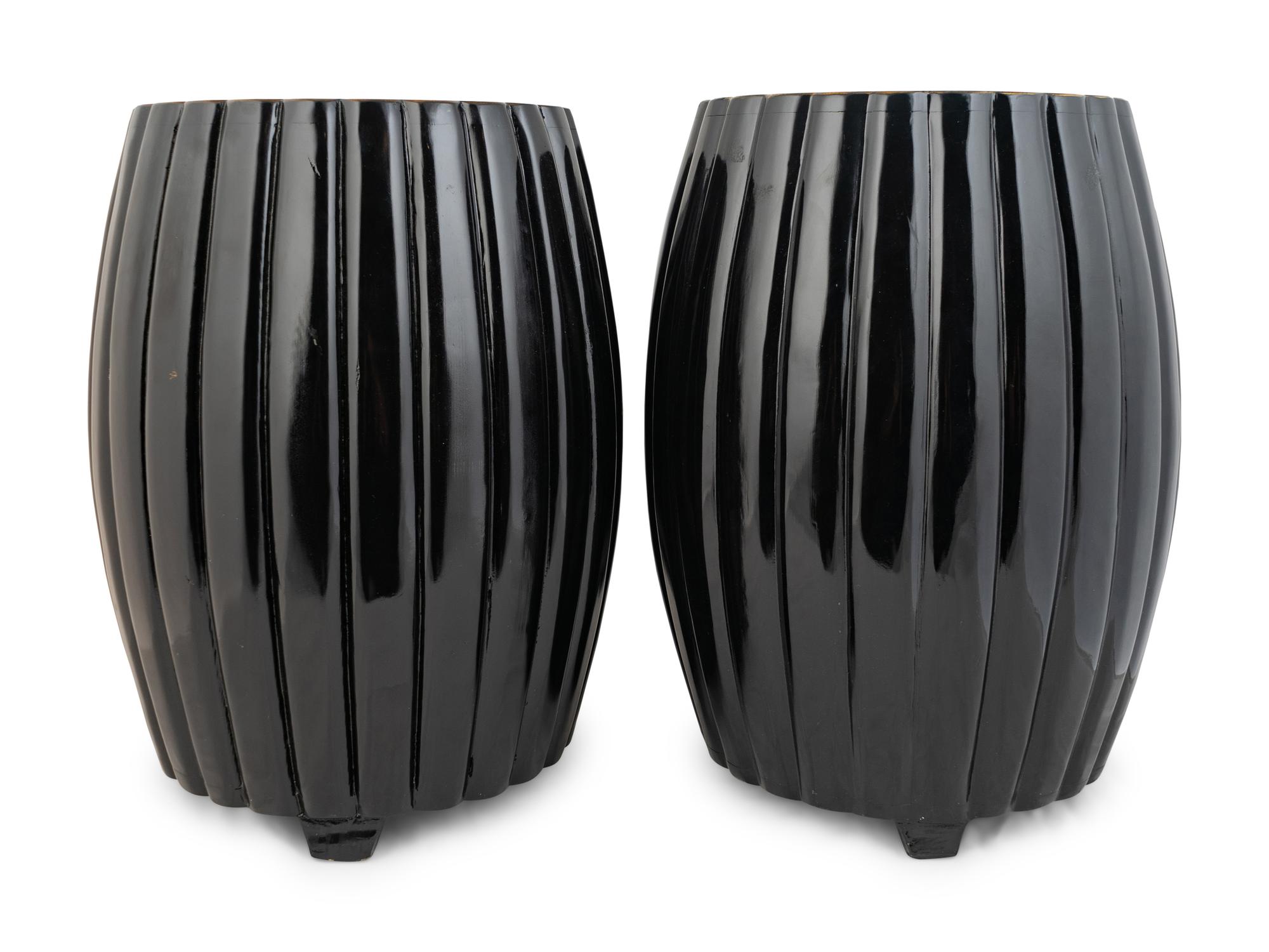 A Pair of Japanese Black Lacquered Melon-Form Garden Stools — 20TH CENTURY