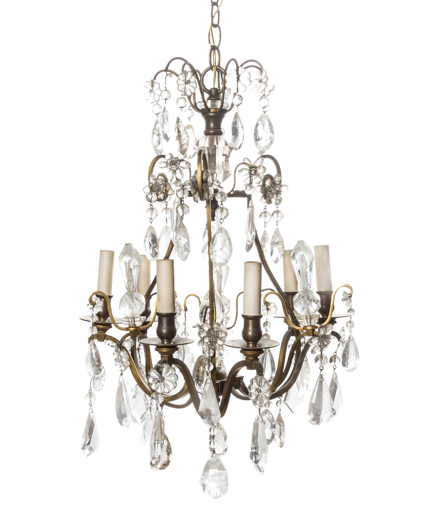 A Louis XVI Style Gilt Bronze and Rock Crystal Chandelier, Height 24 x diameter 16 inches.