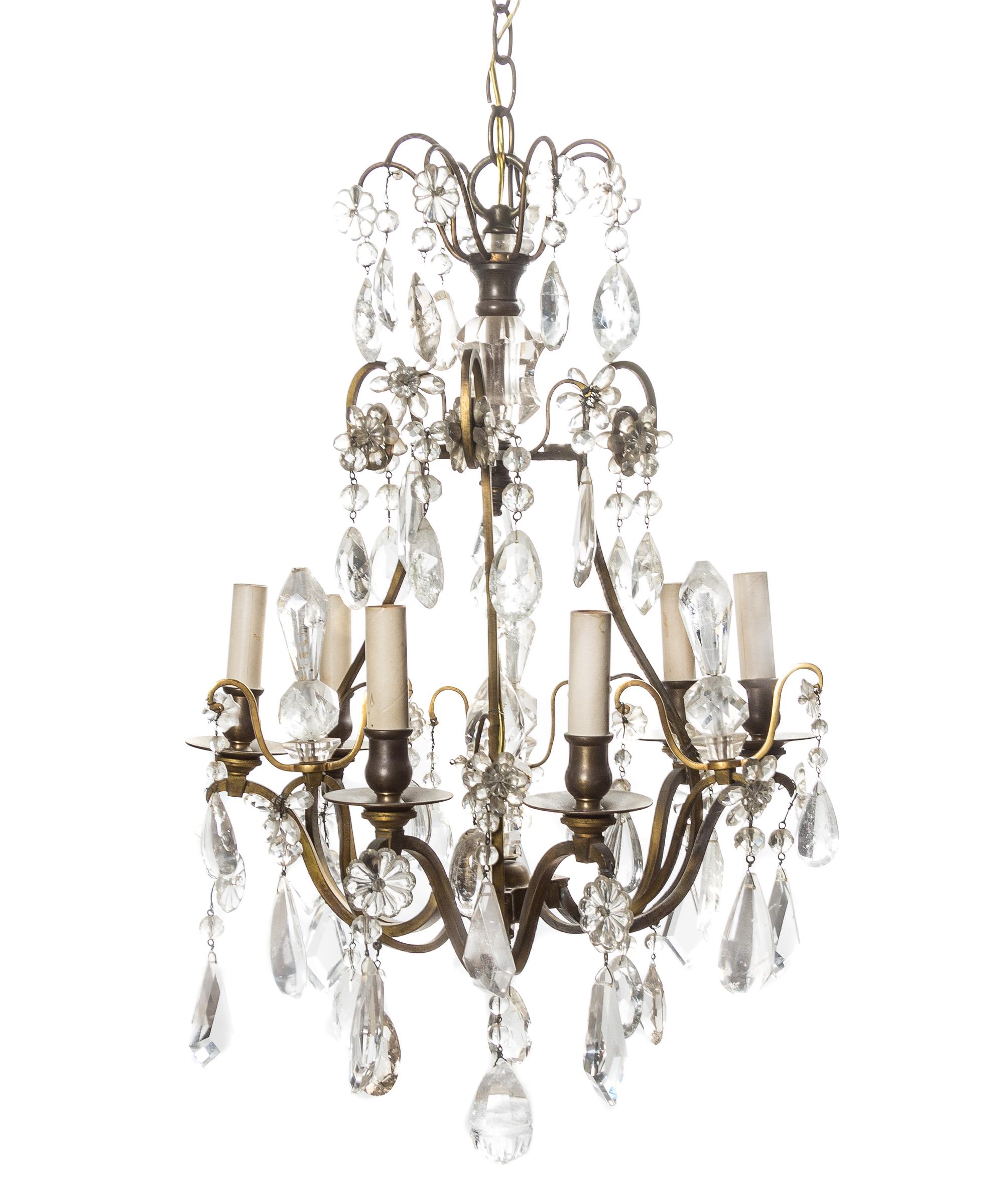 A Louis XVI Style Gilt Bronze and Rock Crystal Chandelier, Height 24 x diameter 16 inches.