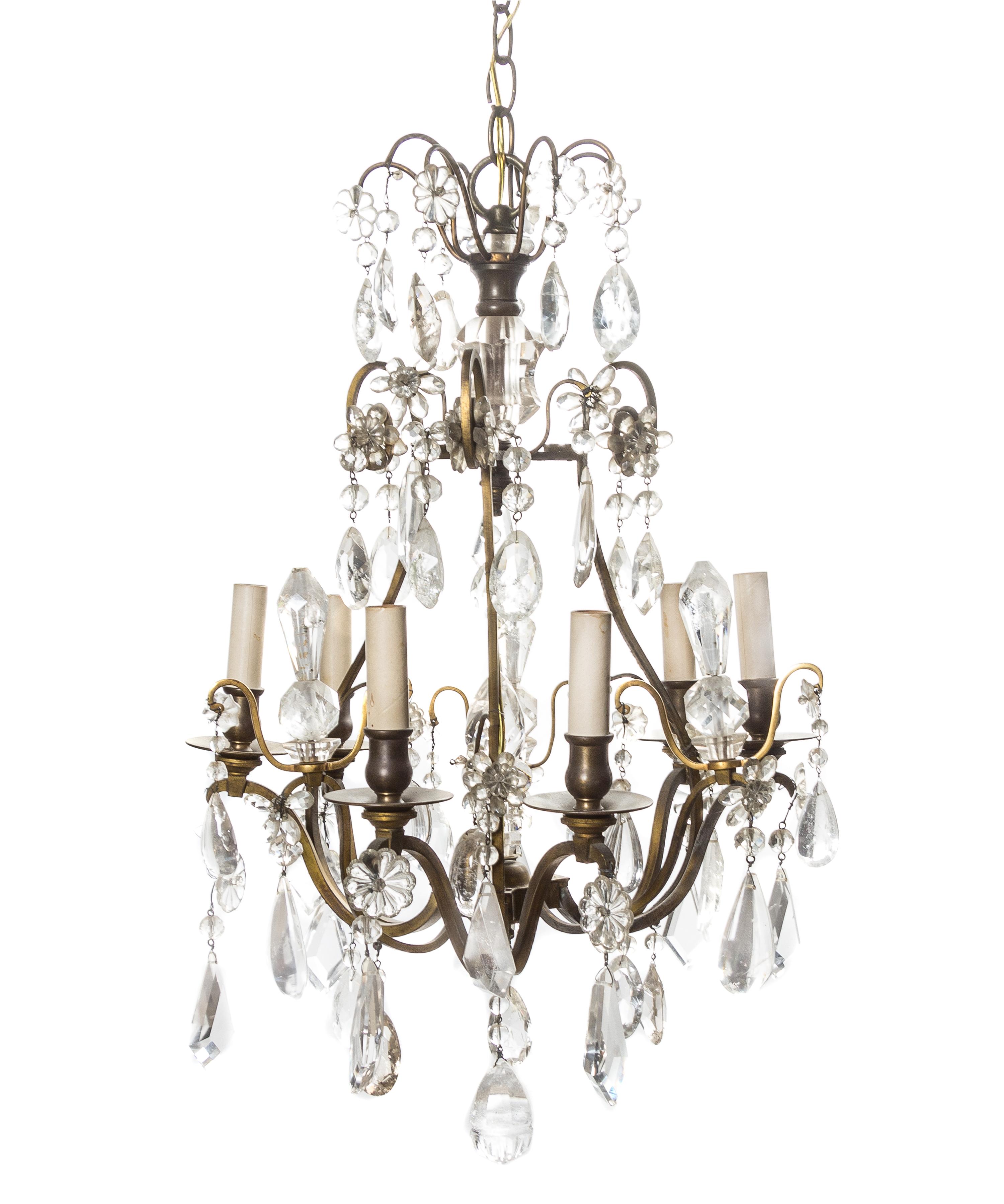 A Louis XVI Style Gilt Bronze and Rock Crystal Chandelier, Height 24 x diameter 16 inches.