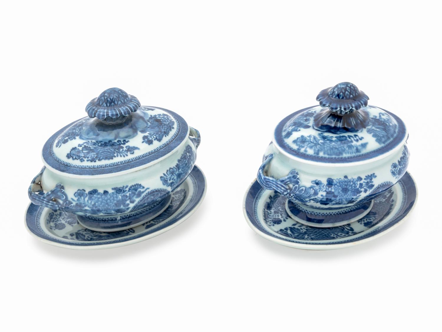 A Pair of Chinese Export Blue Fitzhugh Porcelain Sauce Tureens with Covers