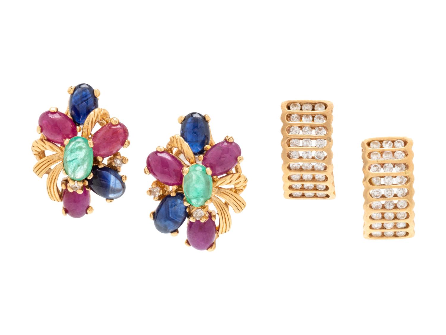 A Collection of 14 Karat Yellow Gold and Diamond Earrings,