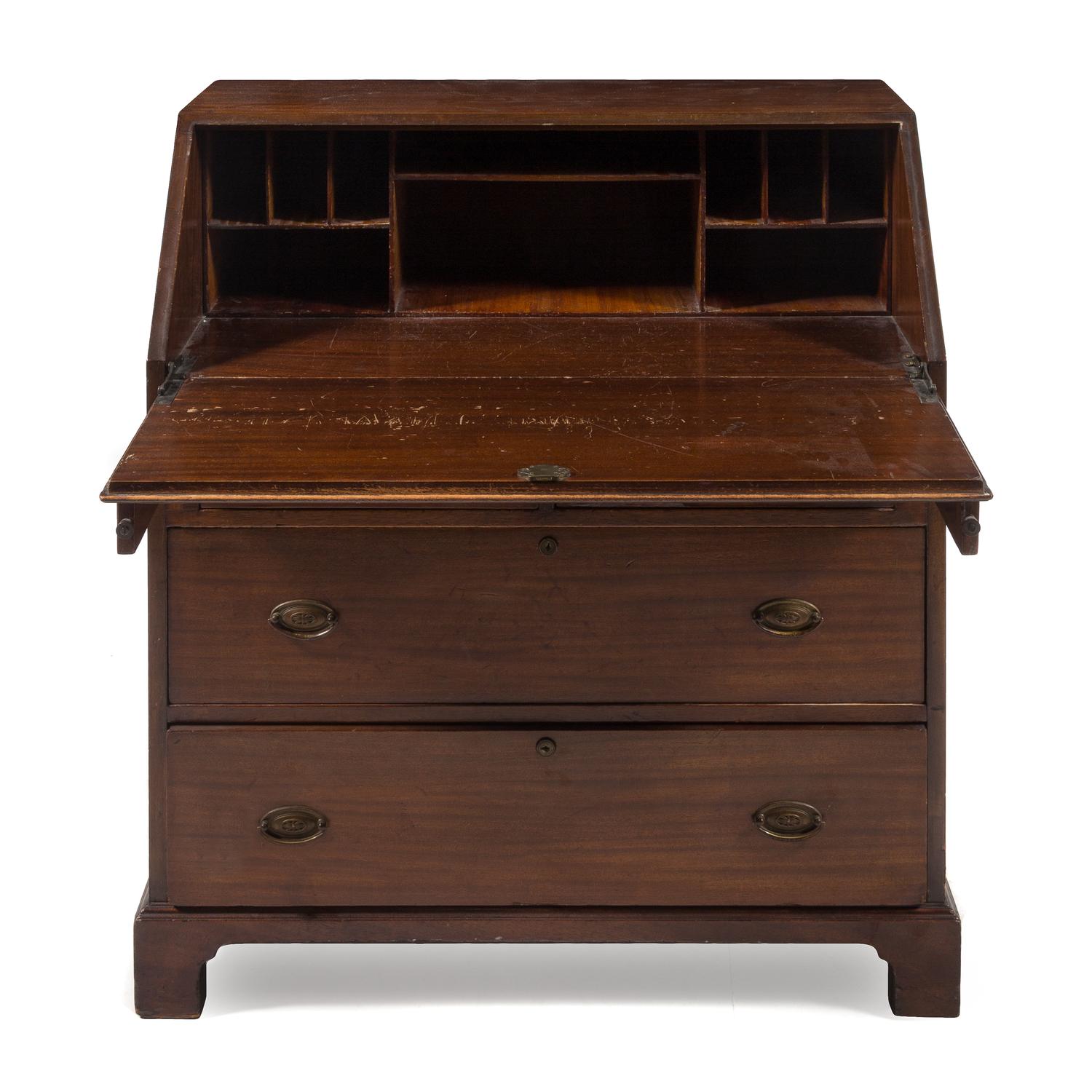 A George III Mahogany Diminutive Slant-Front Bureau Height 40 x width 36 x depth 19 1/2 inches. — 19TH CENTURY
