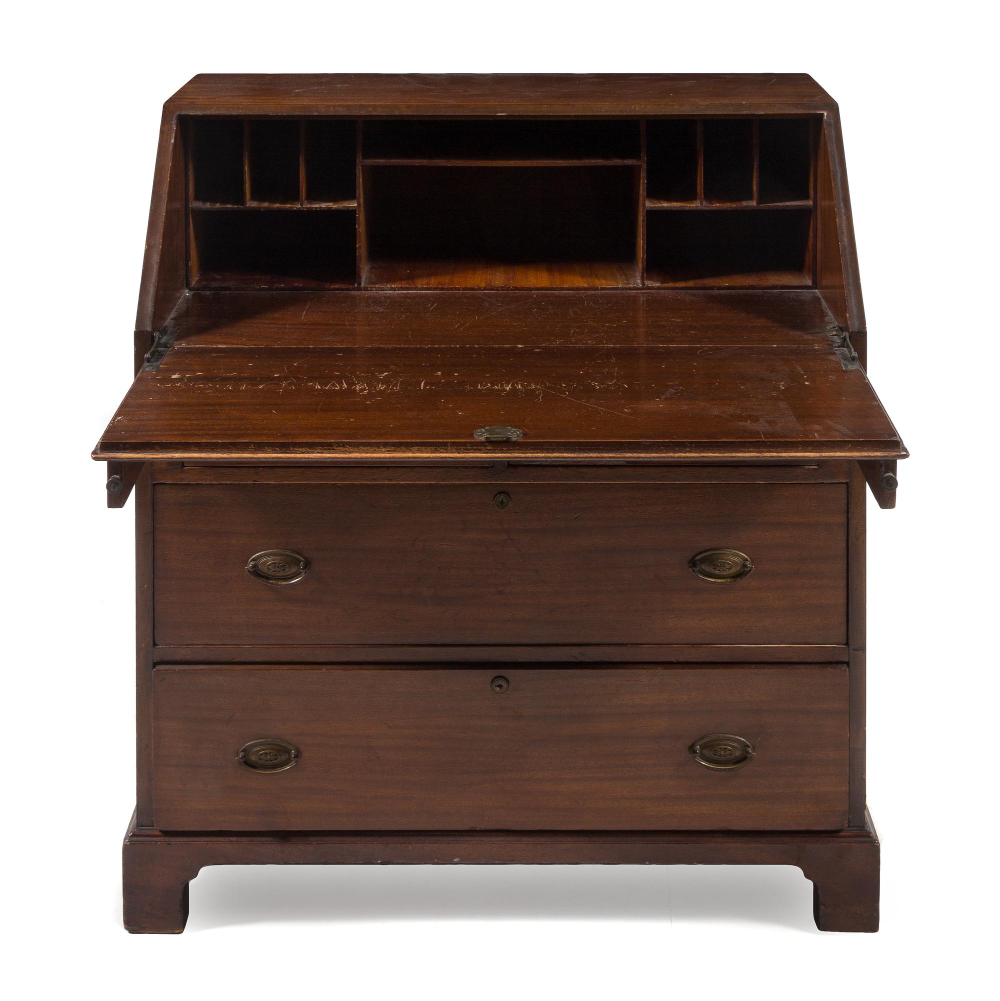 A George III Mahogany Diminutive Slant-Front Bureau Height 40 x width 36 x depth 19 1/2 inches. — 19TH CENTURY